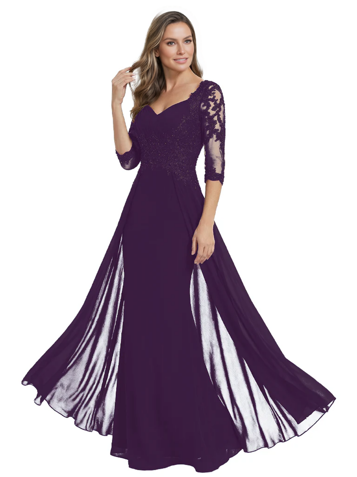 Luxury Burgundy Formal Dress Embroidered Lace Bodice Flowy Chiffon Gown 2026