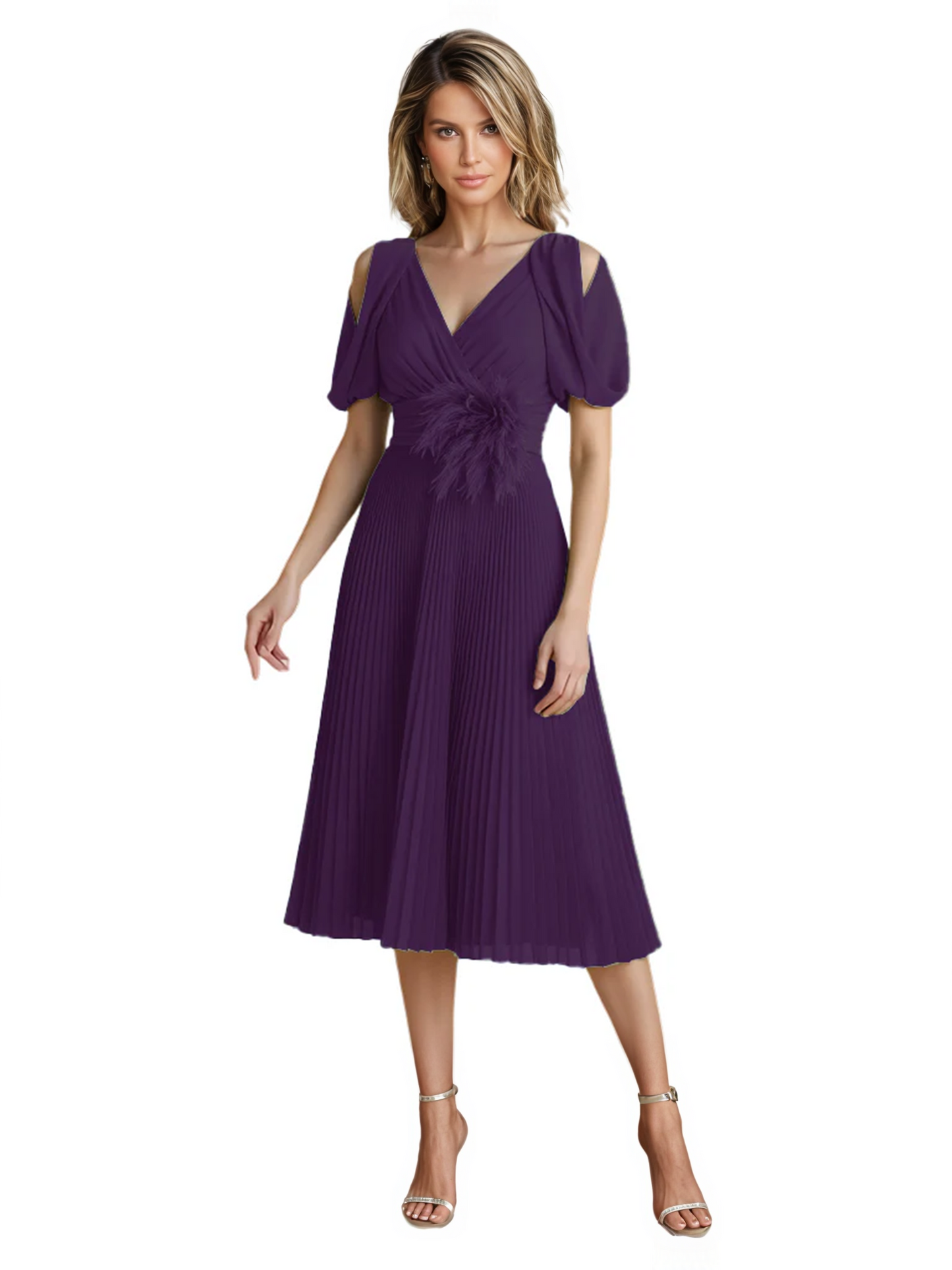 Wedding Formal Dress V-Neck Pleated Chiffon Gown with 3D Flower Accent Knee Length
