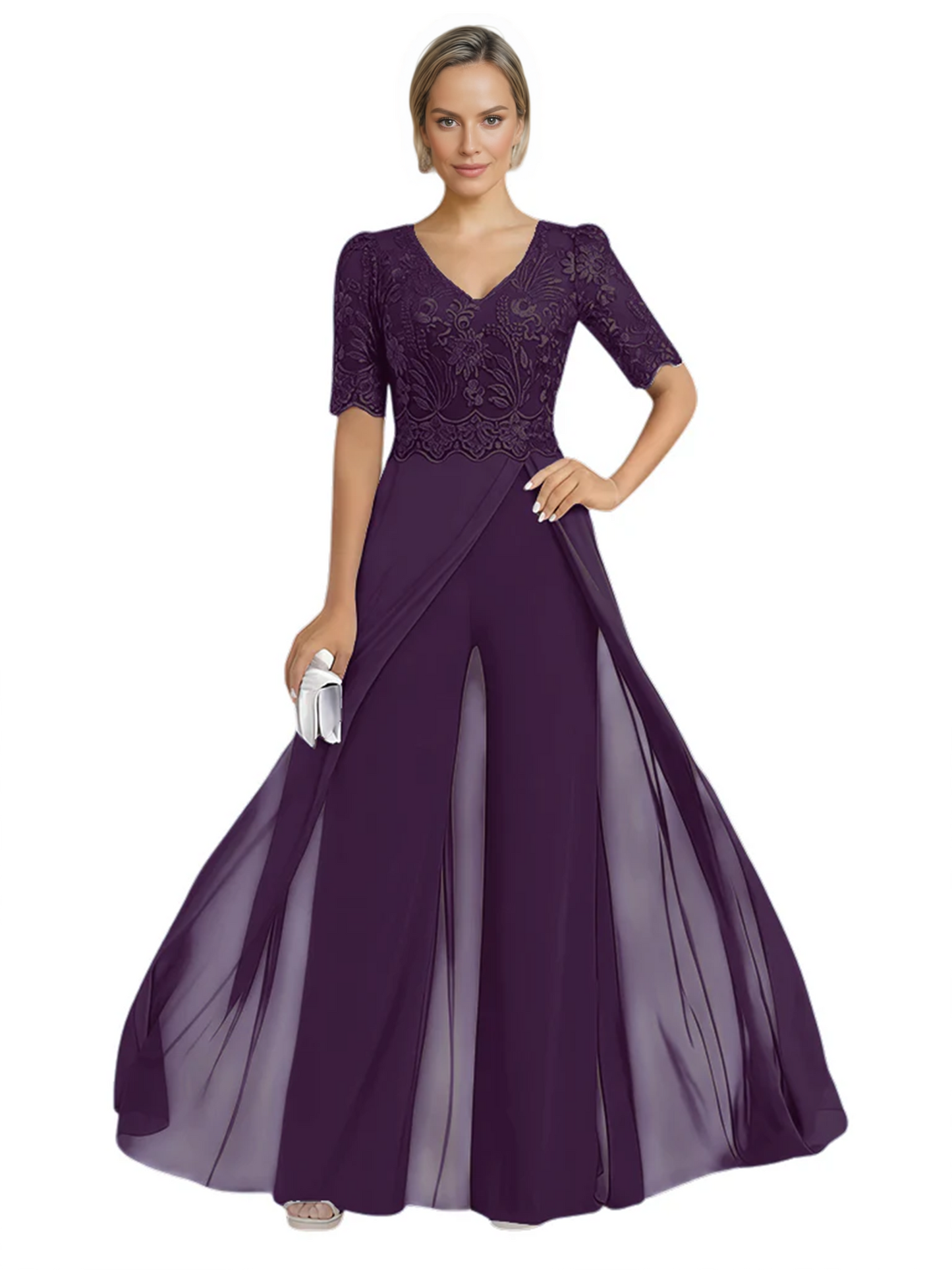 V-Neck Chiffon Mother of the Brides Jumpsuits Dresses Floor Length A-Line Lace