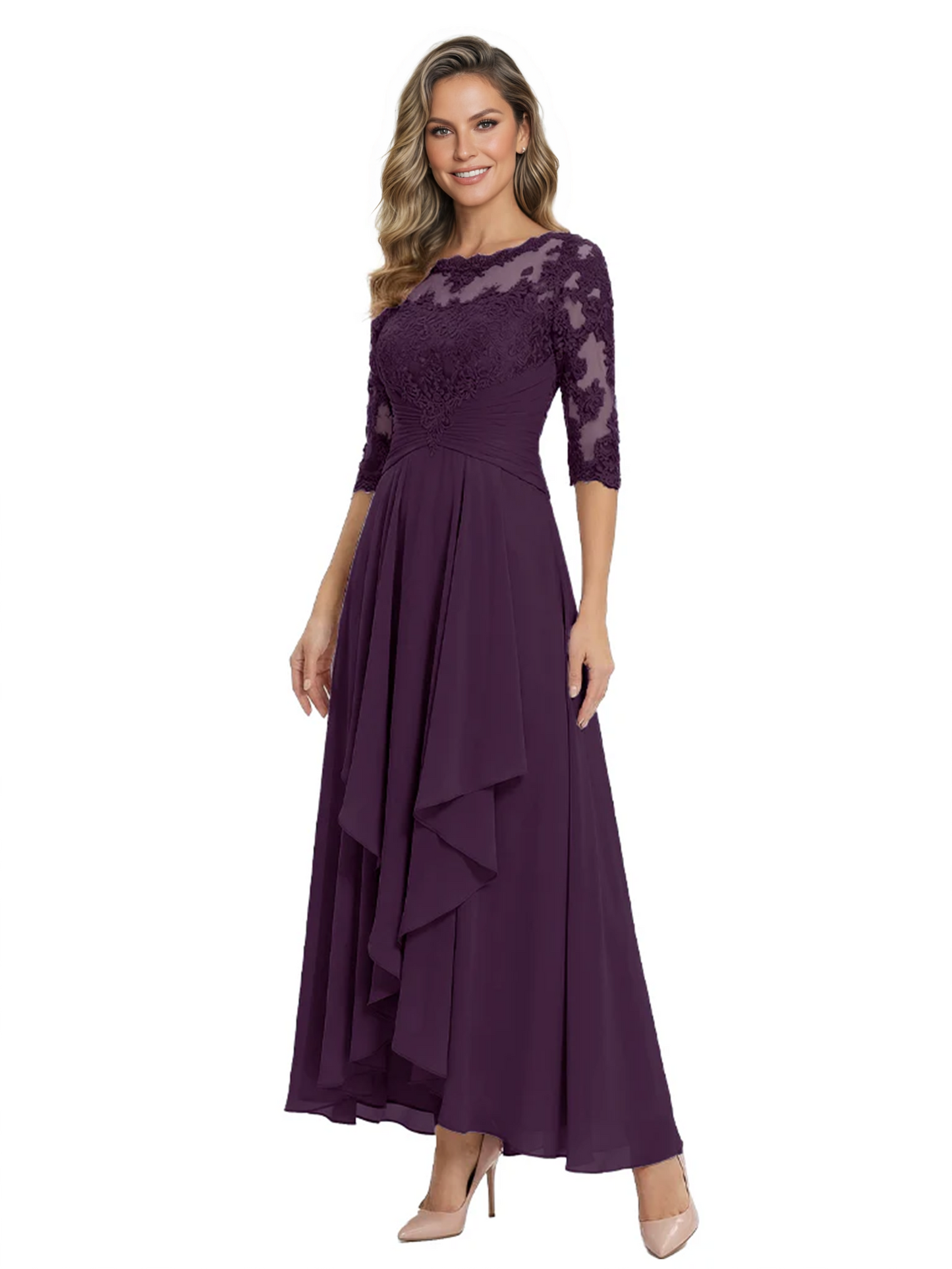 3/4 Sleeve Mother of the Bride Dress with Lace Embroidery High-Low Hem 2026