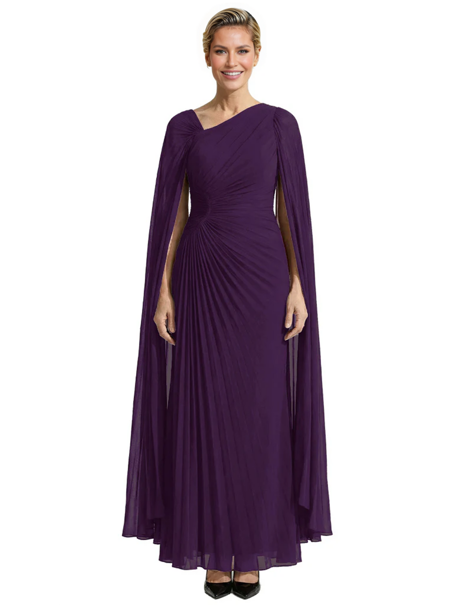 Elegant Asymmetric Neck Long A-Line Chiffon Mother of the Brides Dresses Mom Outfit with Cape
