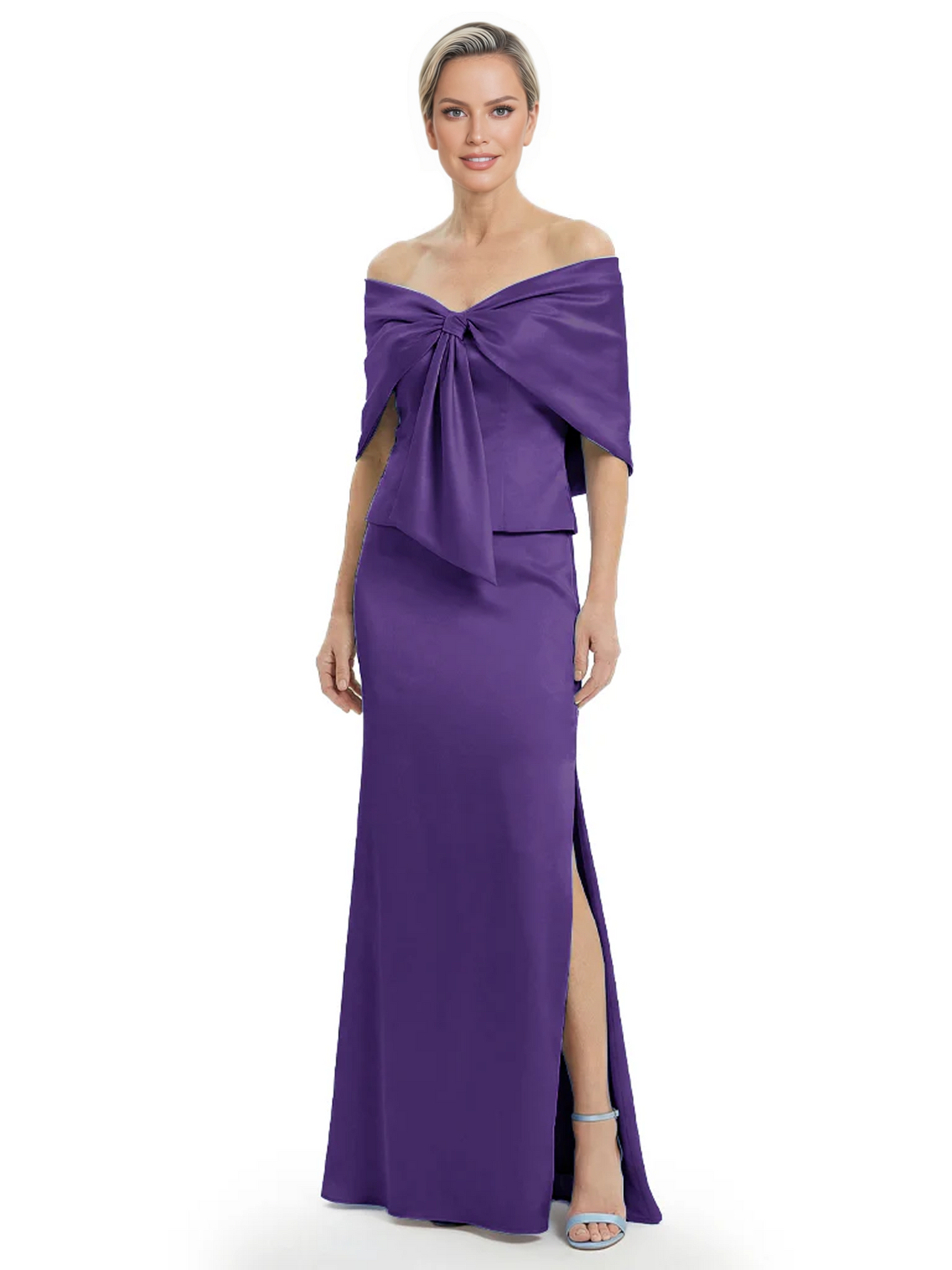 Formal Floor-Length Mother of the Bride Gown Satin Maxi Dress with Bow Neckline