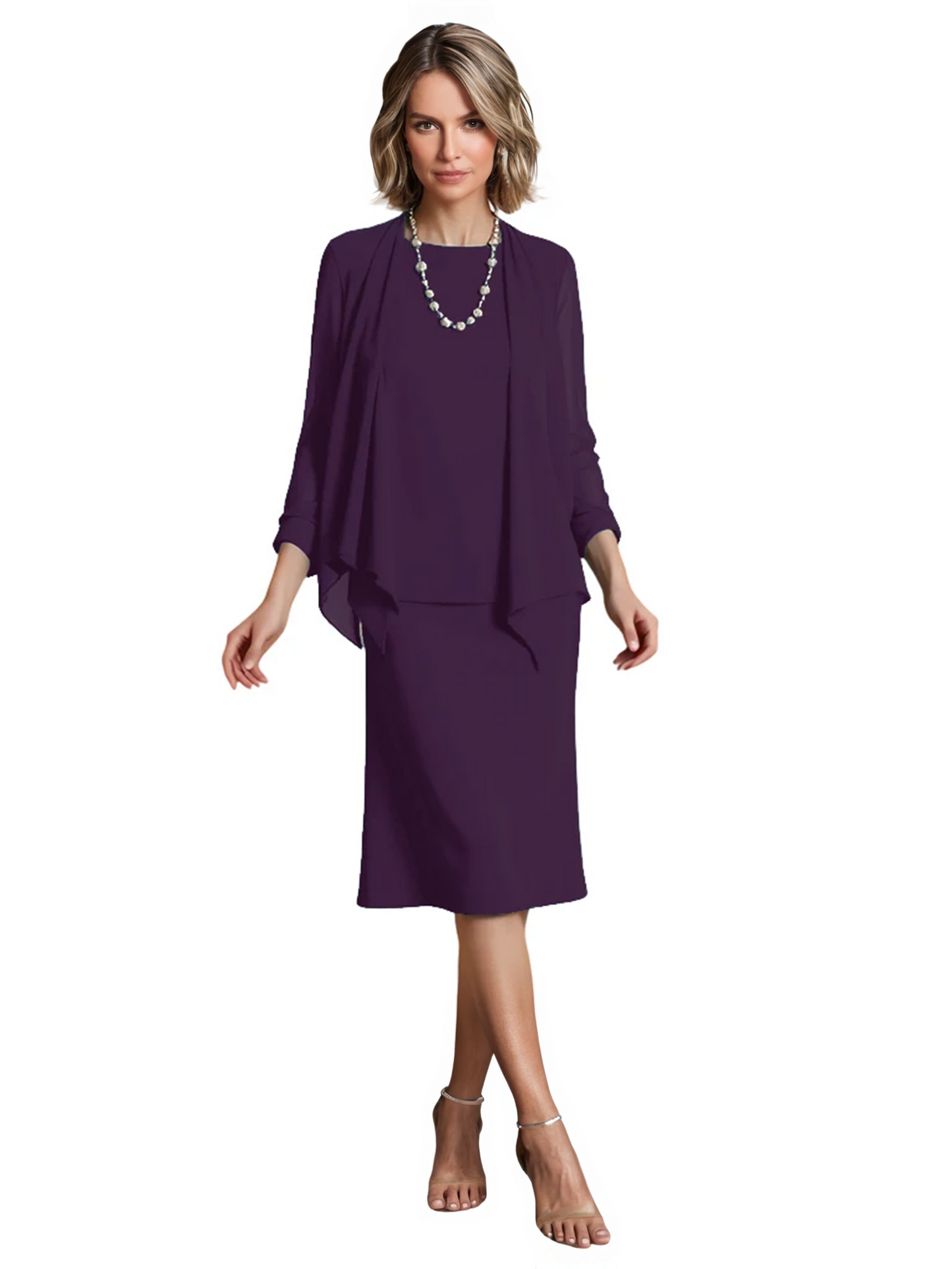 3 PCS Knee-Length Mother of Bride Dresses Prom Dress Evening Dress with Sheer Sleeves and Jacket