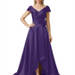 Off Shoulder Mother of the Bride Dress High-Low Satin Gown with Portrait Neckline