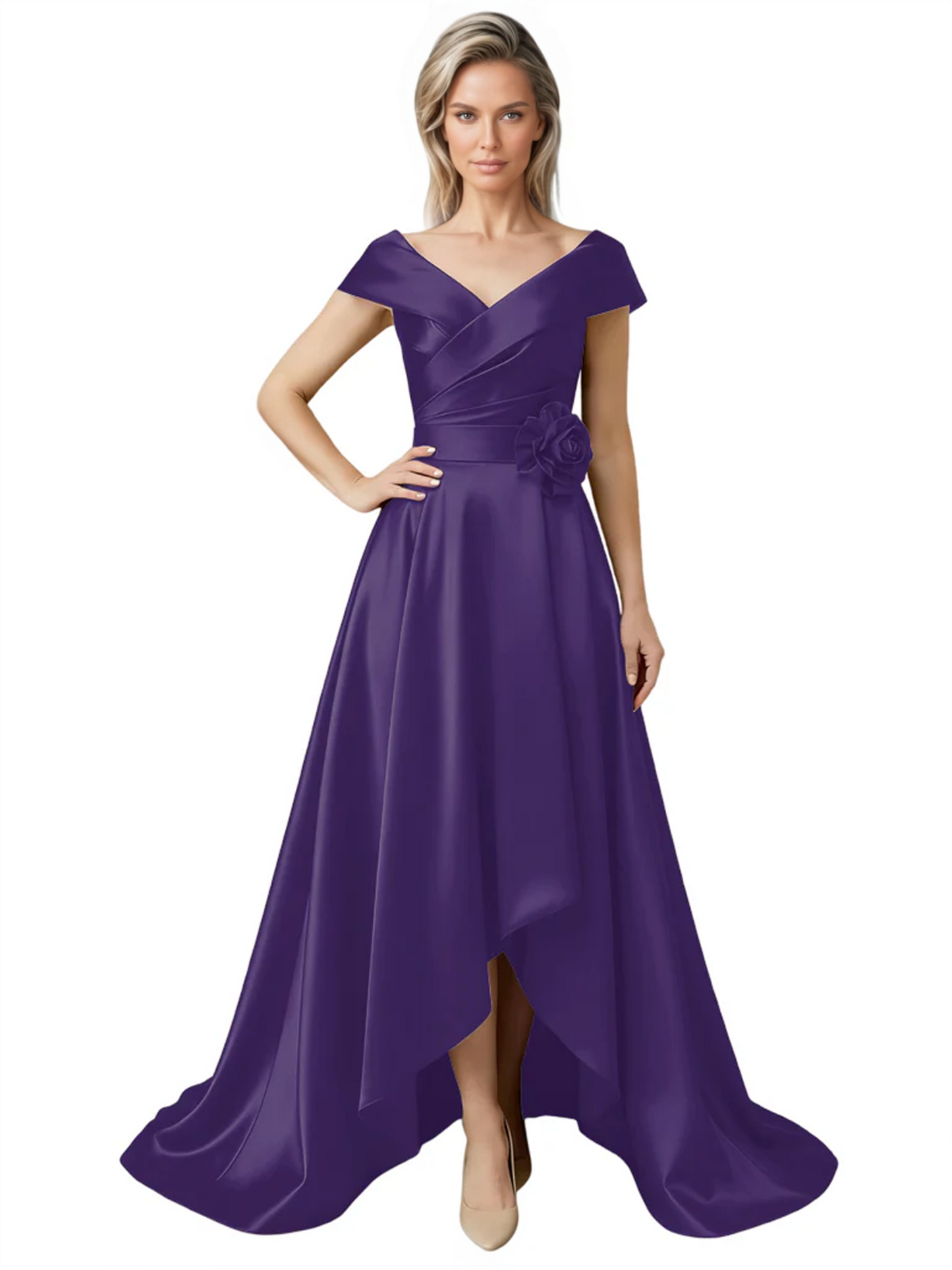 Off Shoulder Mother of the Bride Dress High-Low Satin Gown with Portrait Neckline