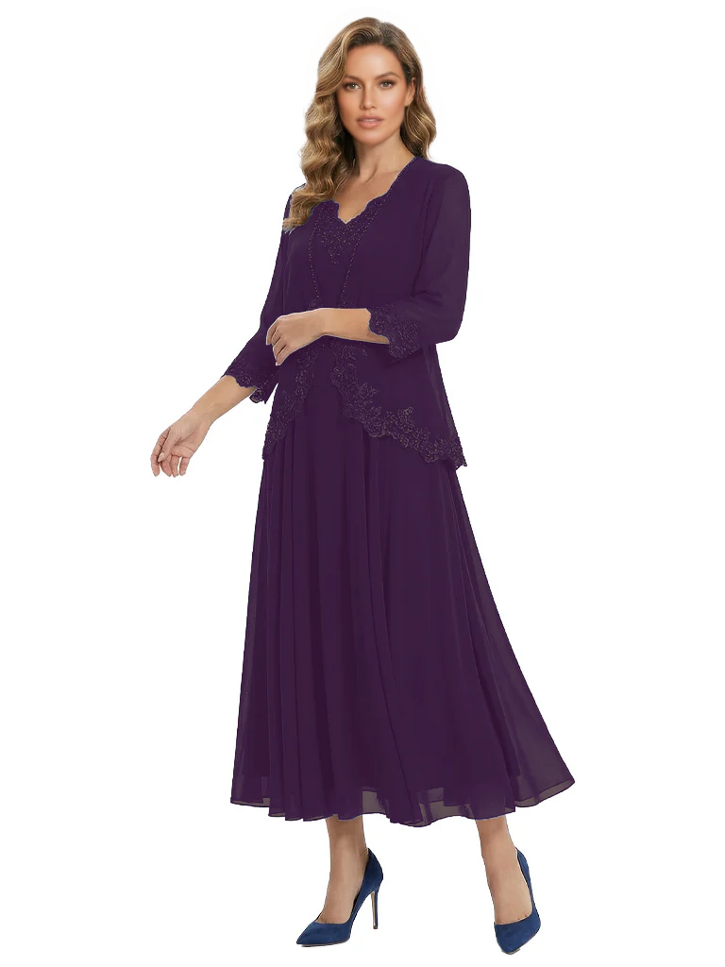 3/4 Sleeve Chiffon Mother of the Brides Dresses V-Neck Wedding Party Gowns