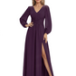A-Line Mother of Bride Dress V-Neck Chiffon Gown Long Sleeves Slit Formal Dress