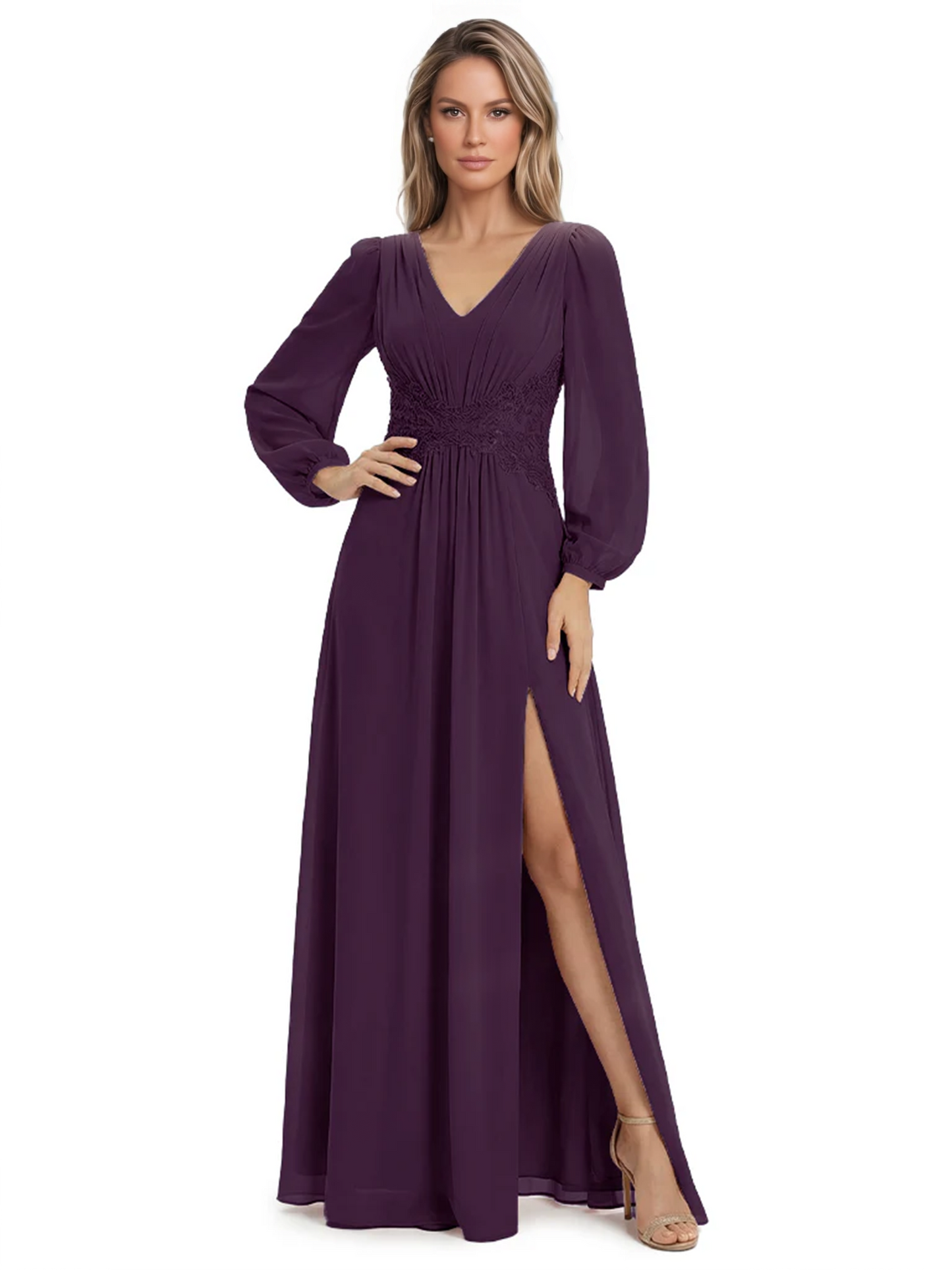 A-Line Mother of Bride Dress V-Neck Chiffon Gown Long Sleeves Slit Formal Dress