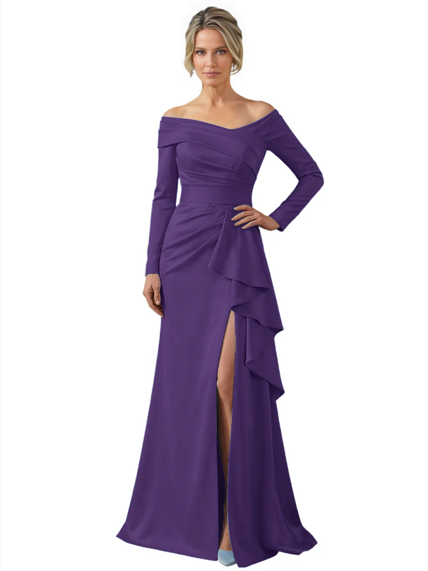 Elegant Mother of the Groom Dress Cascading Ruffle Satin Gown with High Slit Long Sleeves