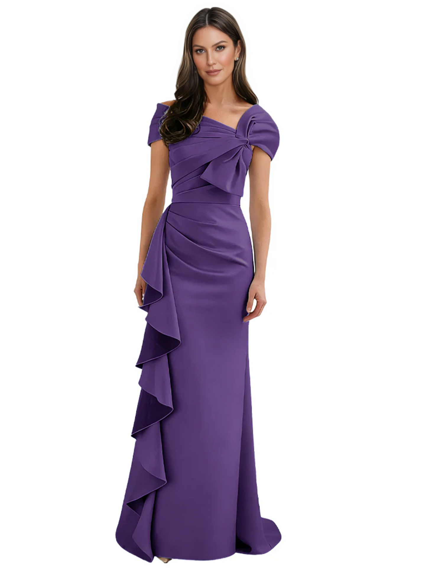 Elegant Mother of Bride Dress Formal Gowns Mermaid Ruffle Floor Length Asymmetric Neckline