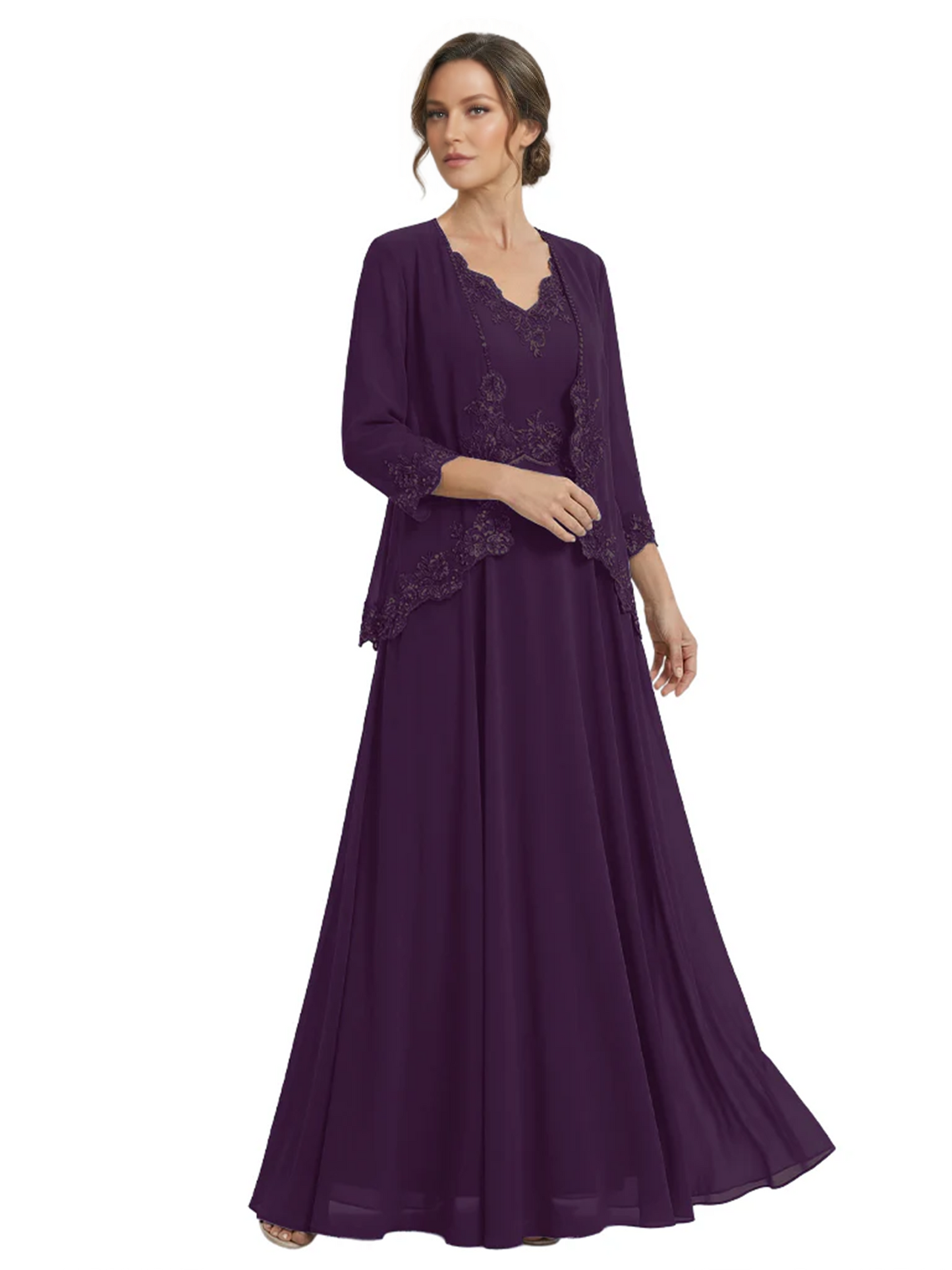 Plus Size A-line Chiffon 3/4 Sleeves Mother of the Brides Dresses Long Jacket Dress
