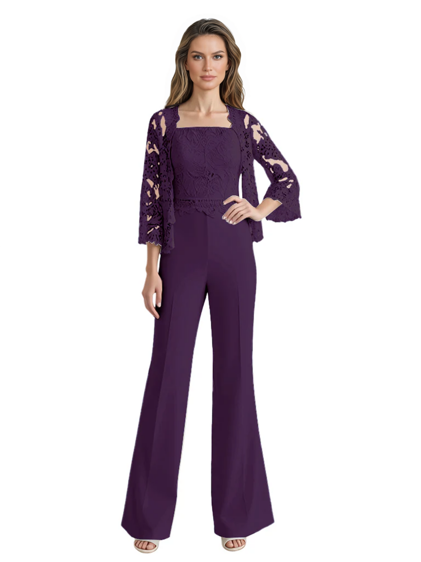 Mother of the Bride Jumpsuit with Lace Jacket 3/4 Sleeve Formal Pant Suit