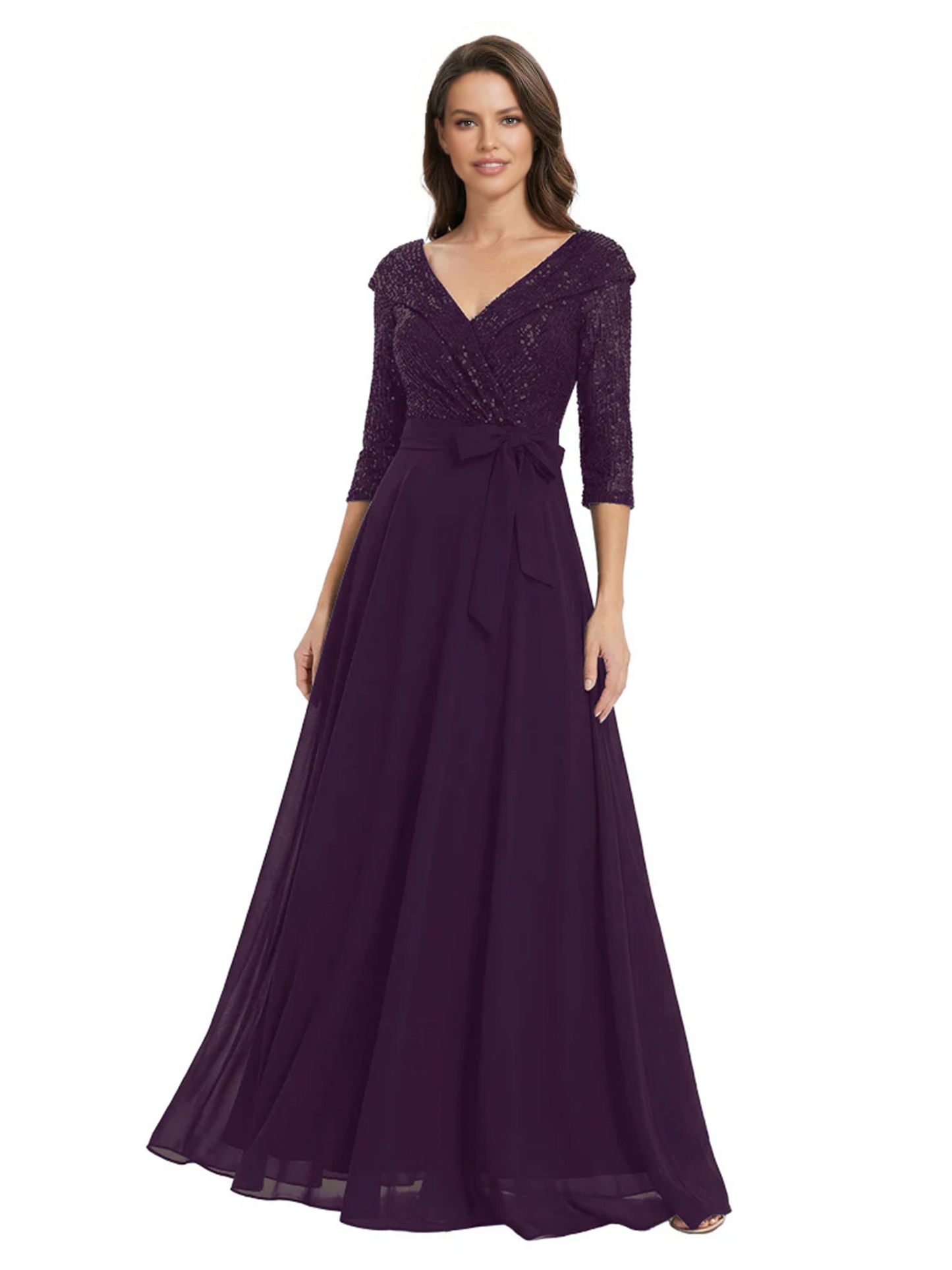 Chiffon Mother of the Bride Dress with Sequin V-Neck and Elegant Bow Sash