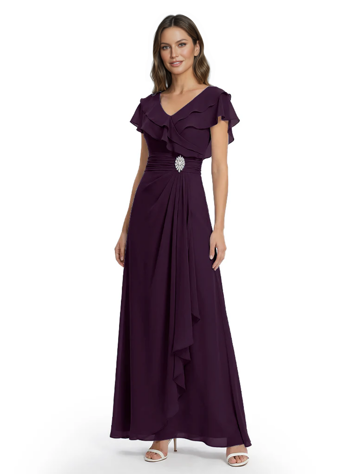Elegant Mother of the Groom Dress Cascading Ruffle Chiffon Formal Gown Rhinestone