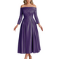 Off Shoulder Mother of the Bride Dress Tea-Length Satin Gown with Lace Applique