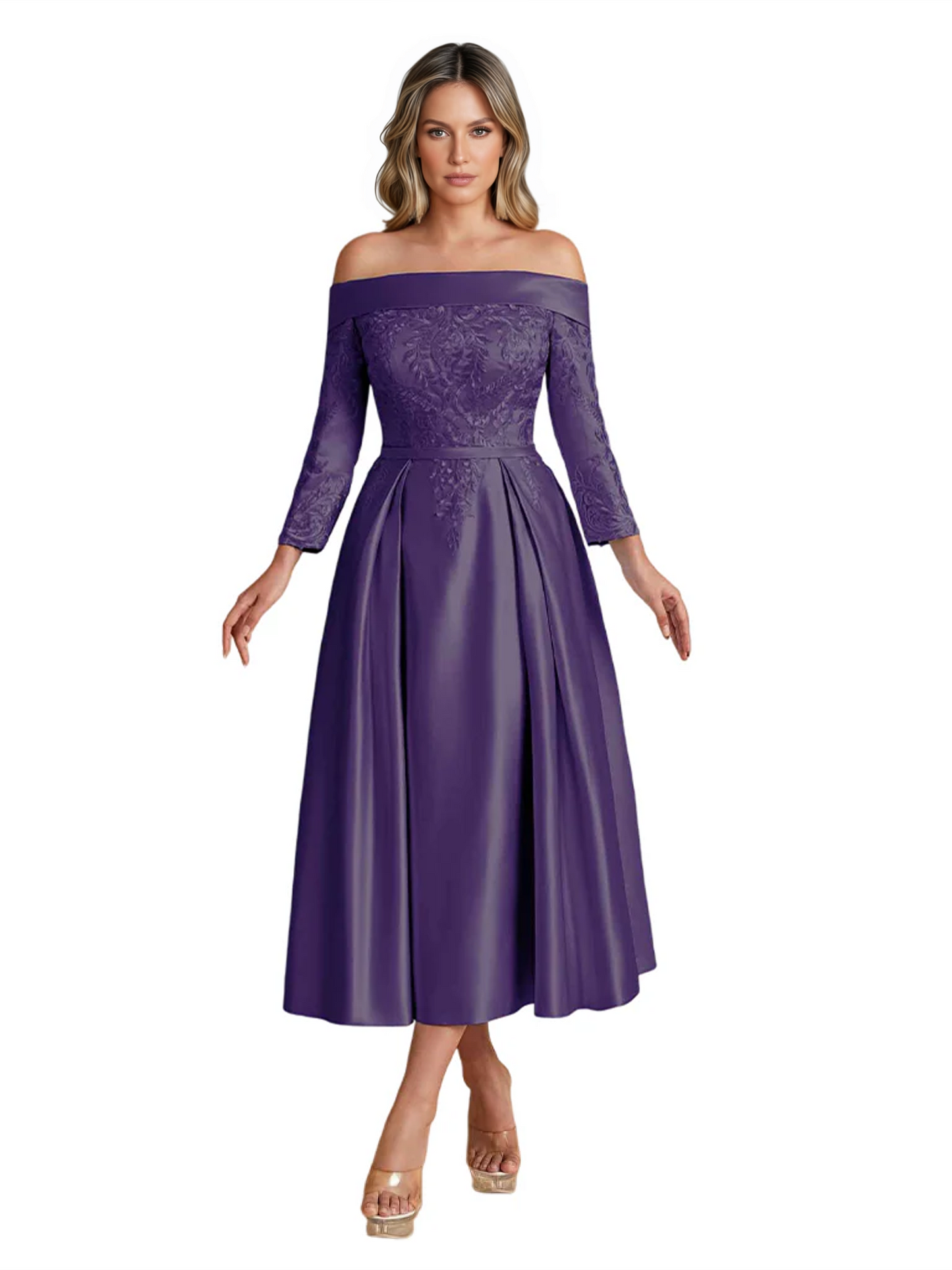 Off Shoulder Mother of the Bride Dress Tea-Length Satin Gown with Lace Applique