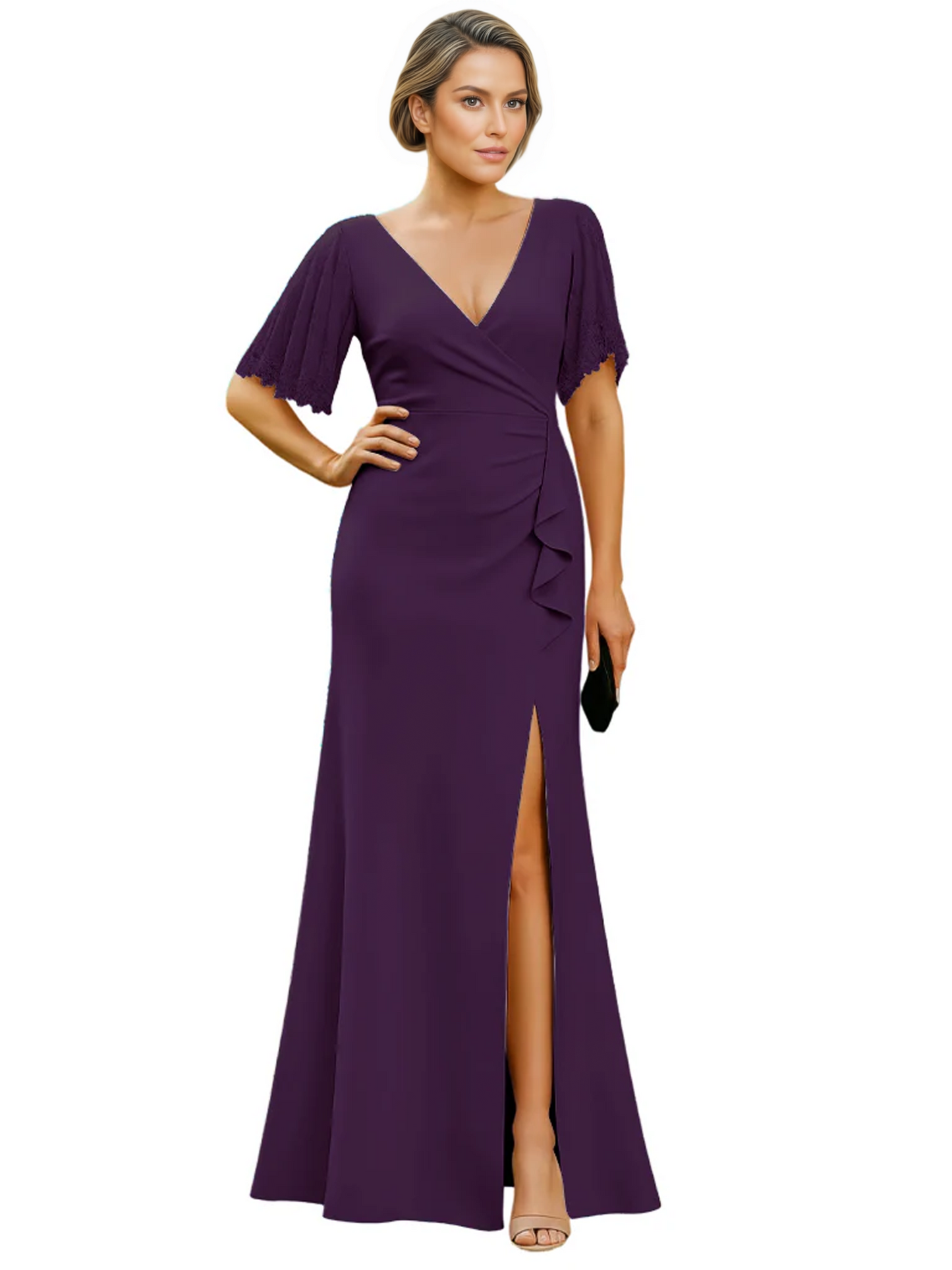 Elegant Evening Gown Trending V-Neck & Ruffle Detail Mother of Bride Outfits Slit