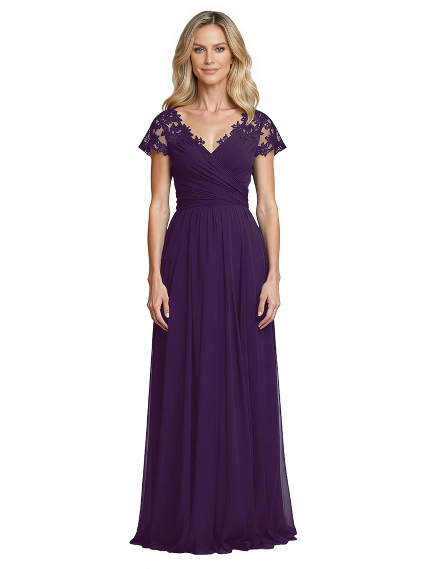 Mother of the Bride Dress Cap Sleeves and V-Neckline with Embroidered Lace Shoulders