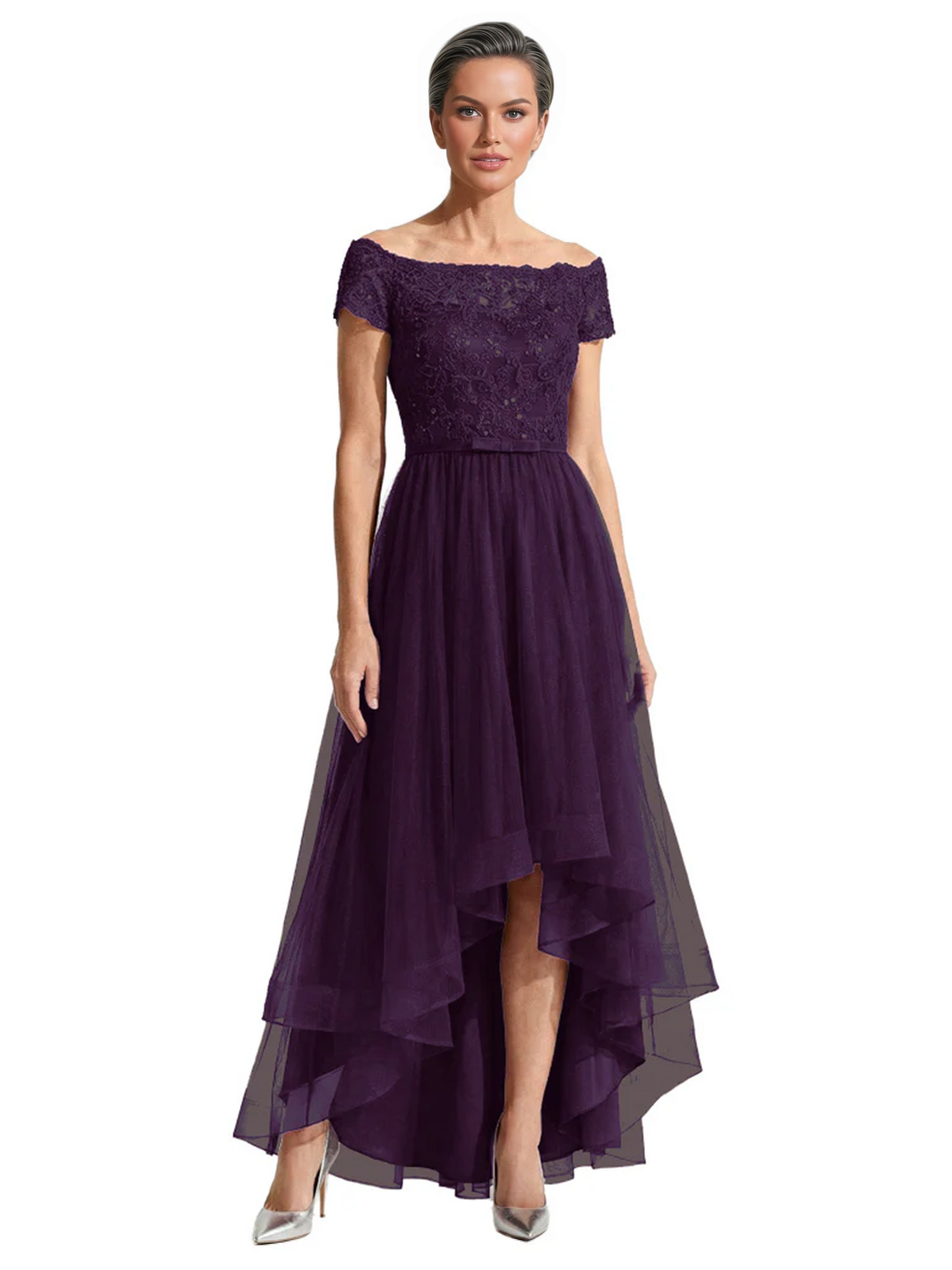 Formal High-Low Mother of the Bride Gown Short Sleeve Lace Maxi Dress with Tiered Skirt