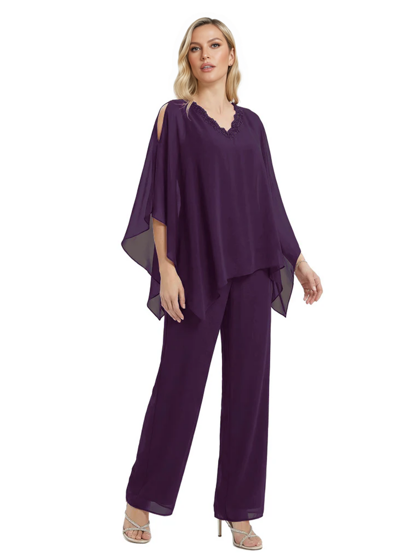 V-Neck Chiffon Mother of the Brides Dresses Plus Size Jacket Suits Wedding