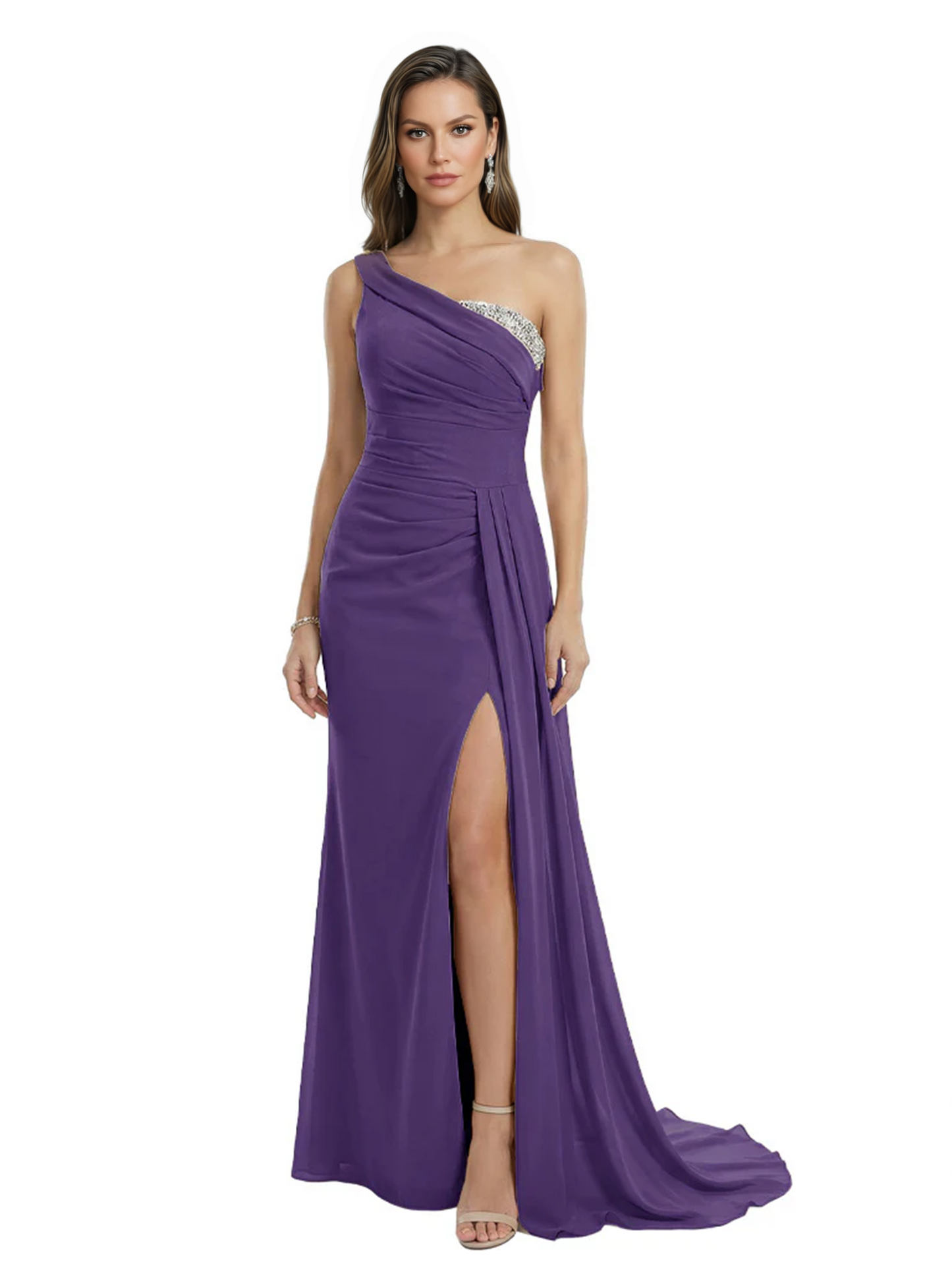 One Shoulder Mother of Bride Dress Ruffle Formal Gowns Mermaid Floor Length Train Slit