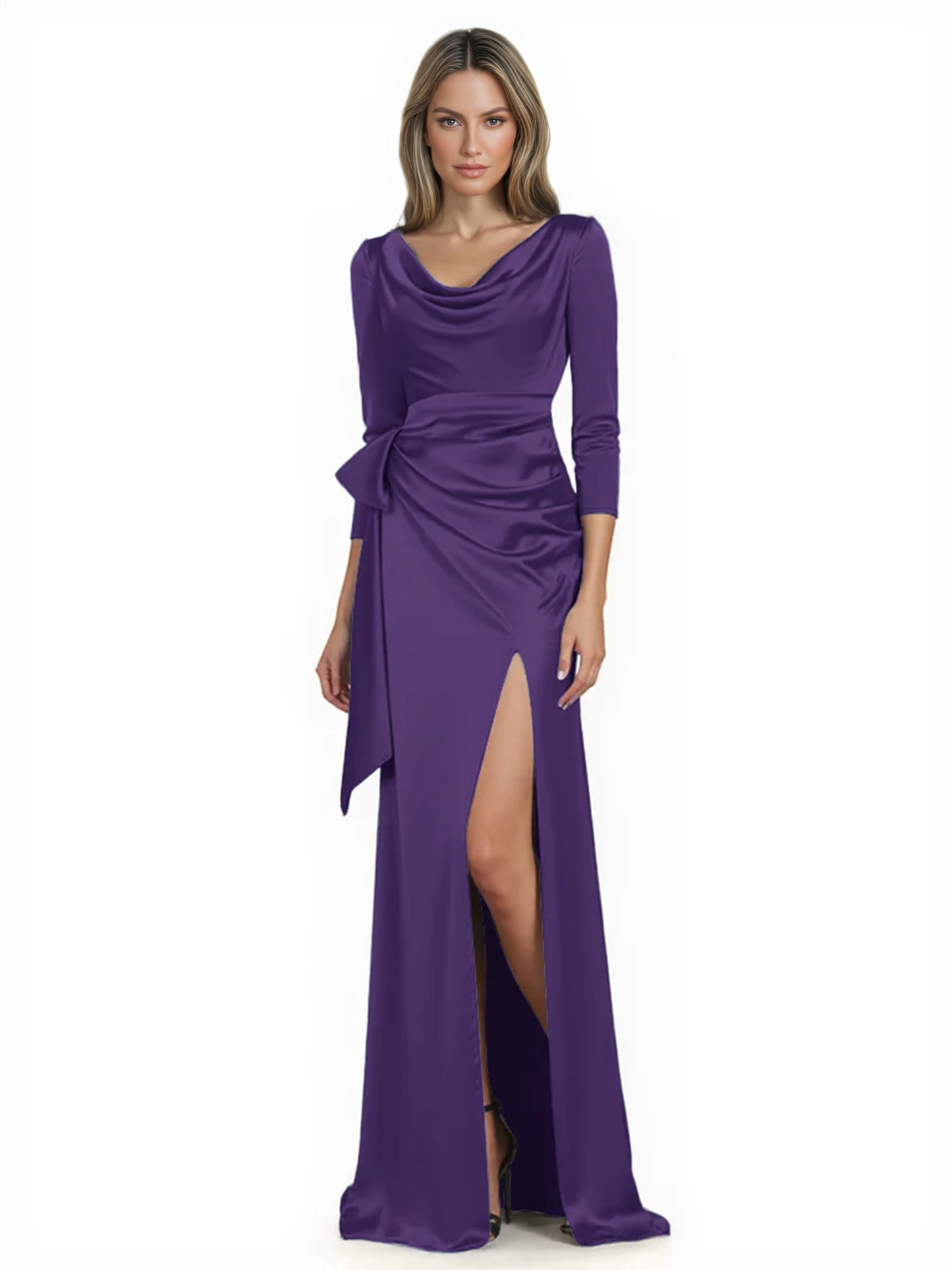 Elegant Evening Gowns Slit Trending Styles Satin Slit Formal Dress Cowl Neckline Gown Tie