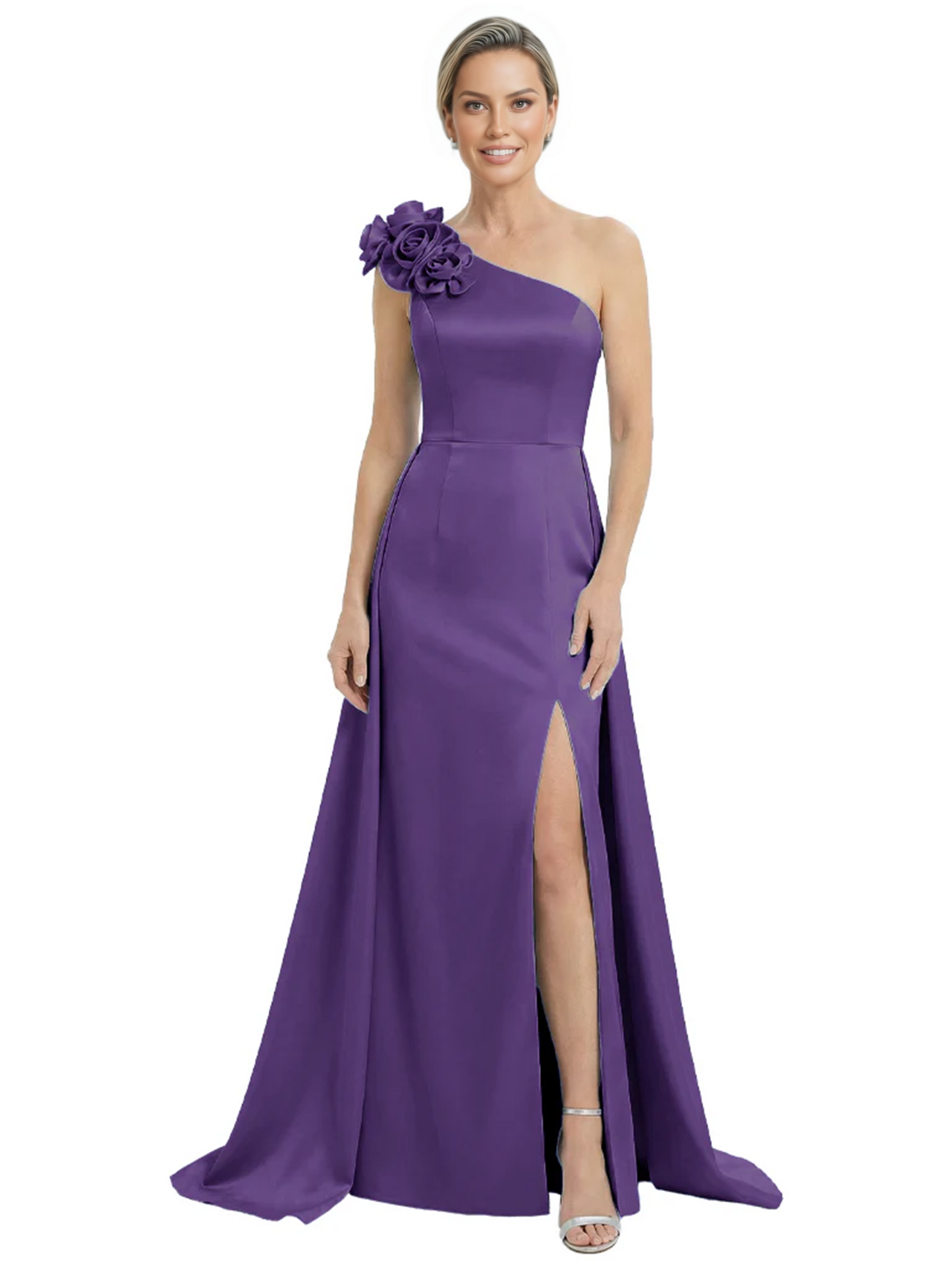 One Shoulder Mother of the Bride Dress with 3D Floral Detail Formal Dress A-Line Gowns with Slit
