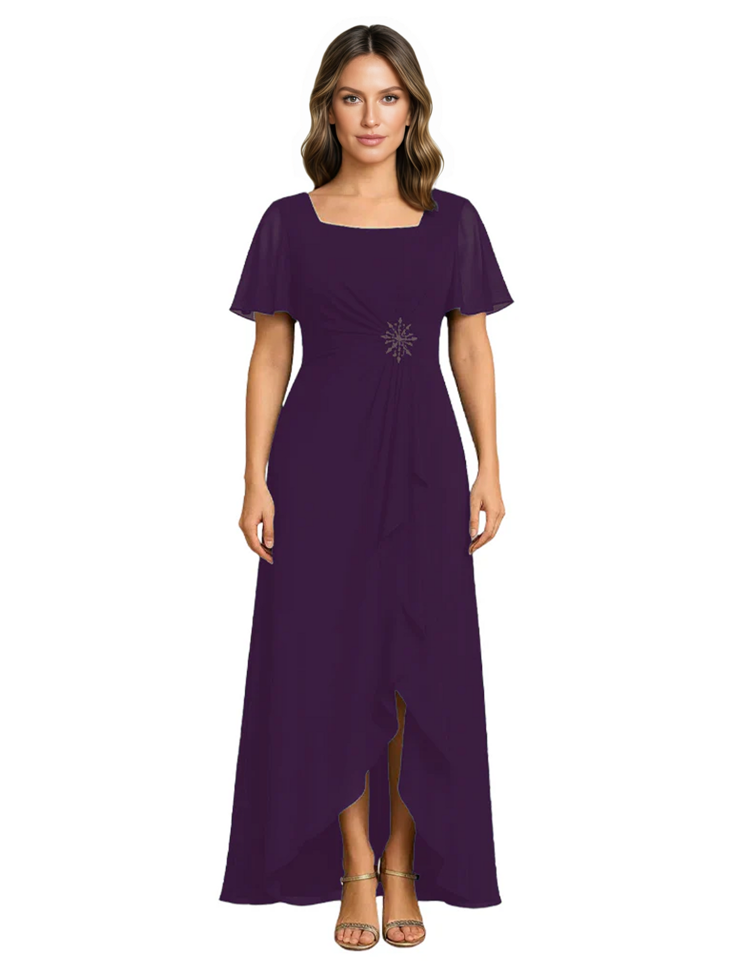 Formal High-Low Mother of the Bride Gown Sleeved Chiffon Maxi Dress Ruched Waist