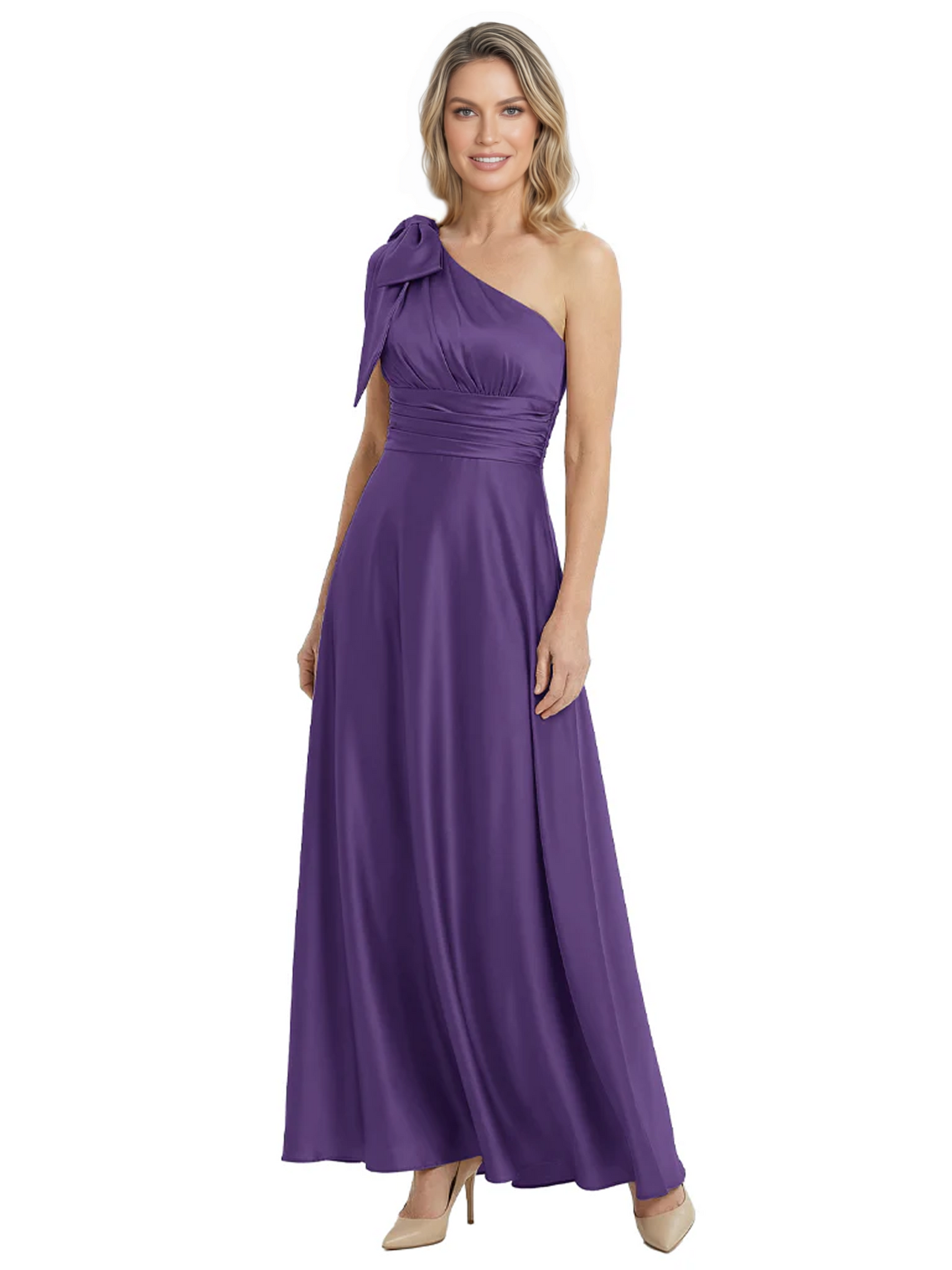One-Shoulder Mother of the Bride Dress Satin Gown with Bow Ruched Empire Waist