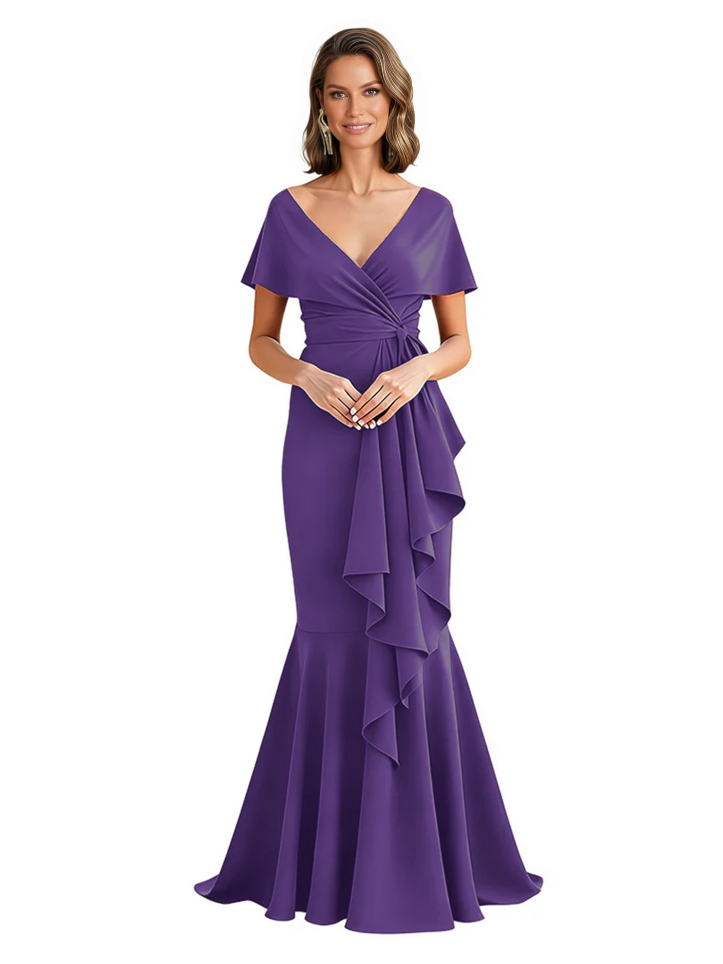 Satin Mother of the Bride Dress with Cascading Ruffles and Mermaid Tail V-Neck