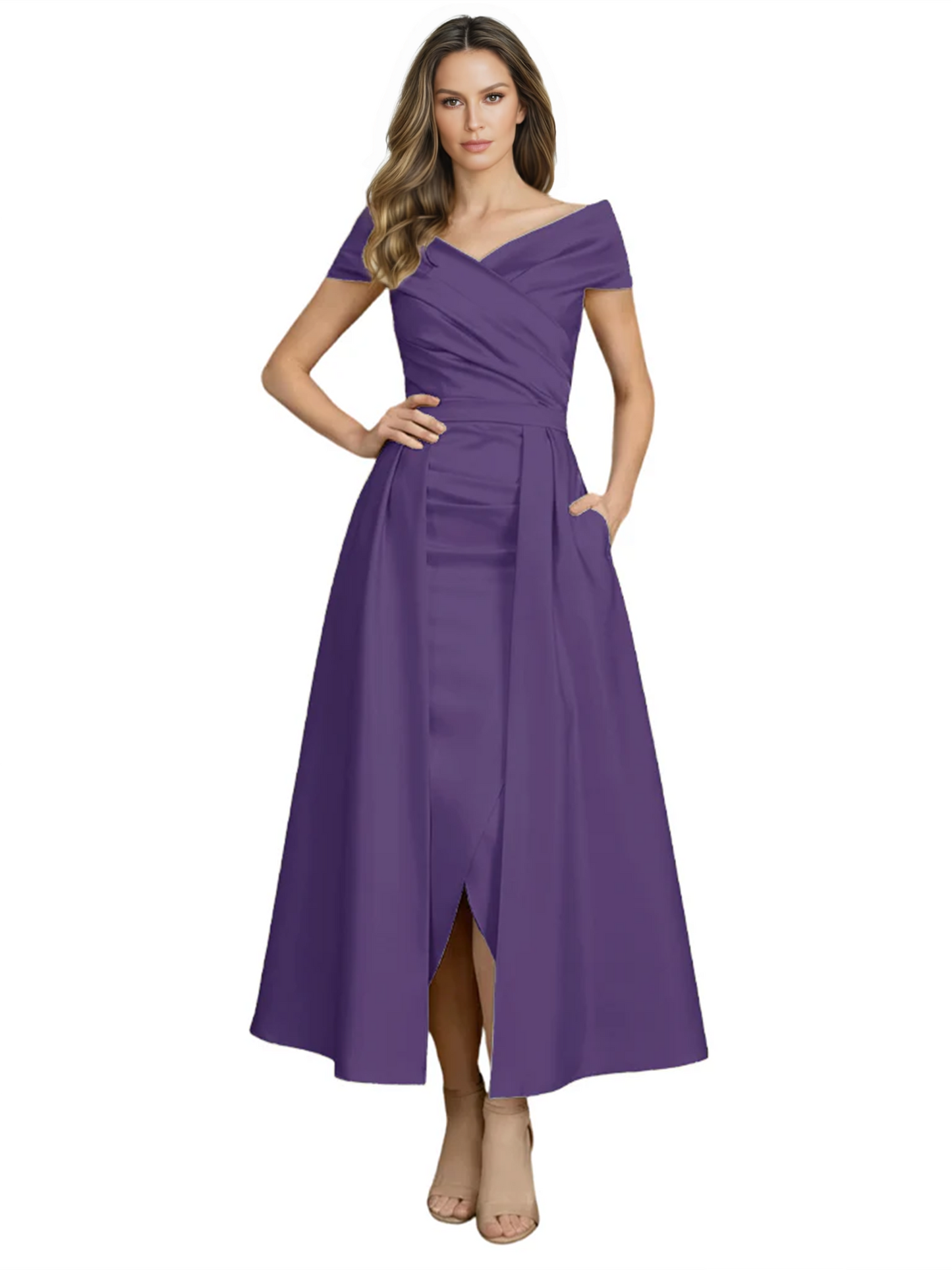 Formal Floor-Length Mother of the Bride Gown Satin Maxi Dress with Slit Off Shoulder
