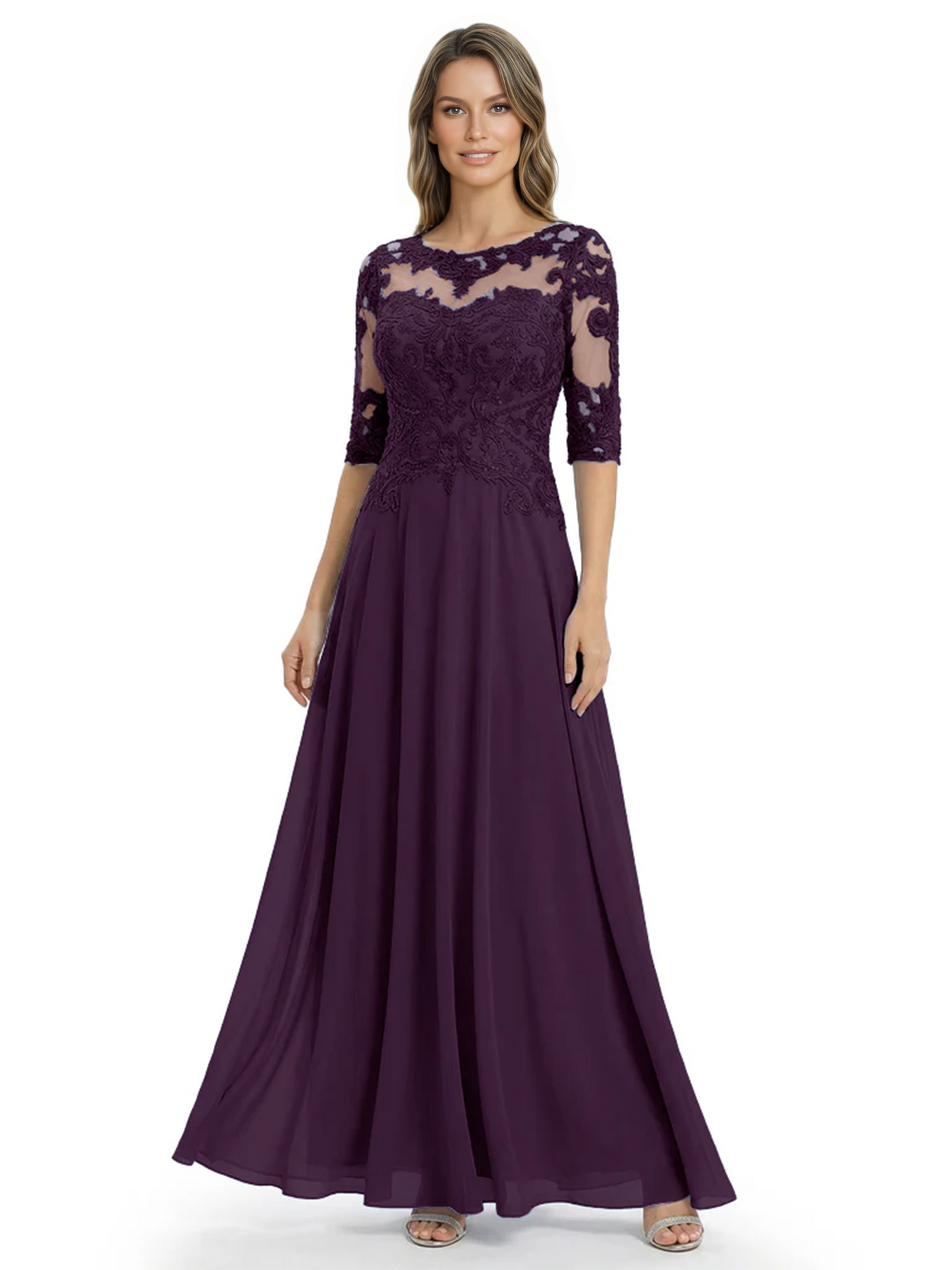 Illusion Neck Mother of the Bride Dress Half Sleeve Lace Applique Gowns Chiffon