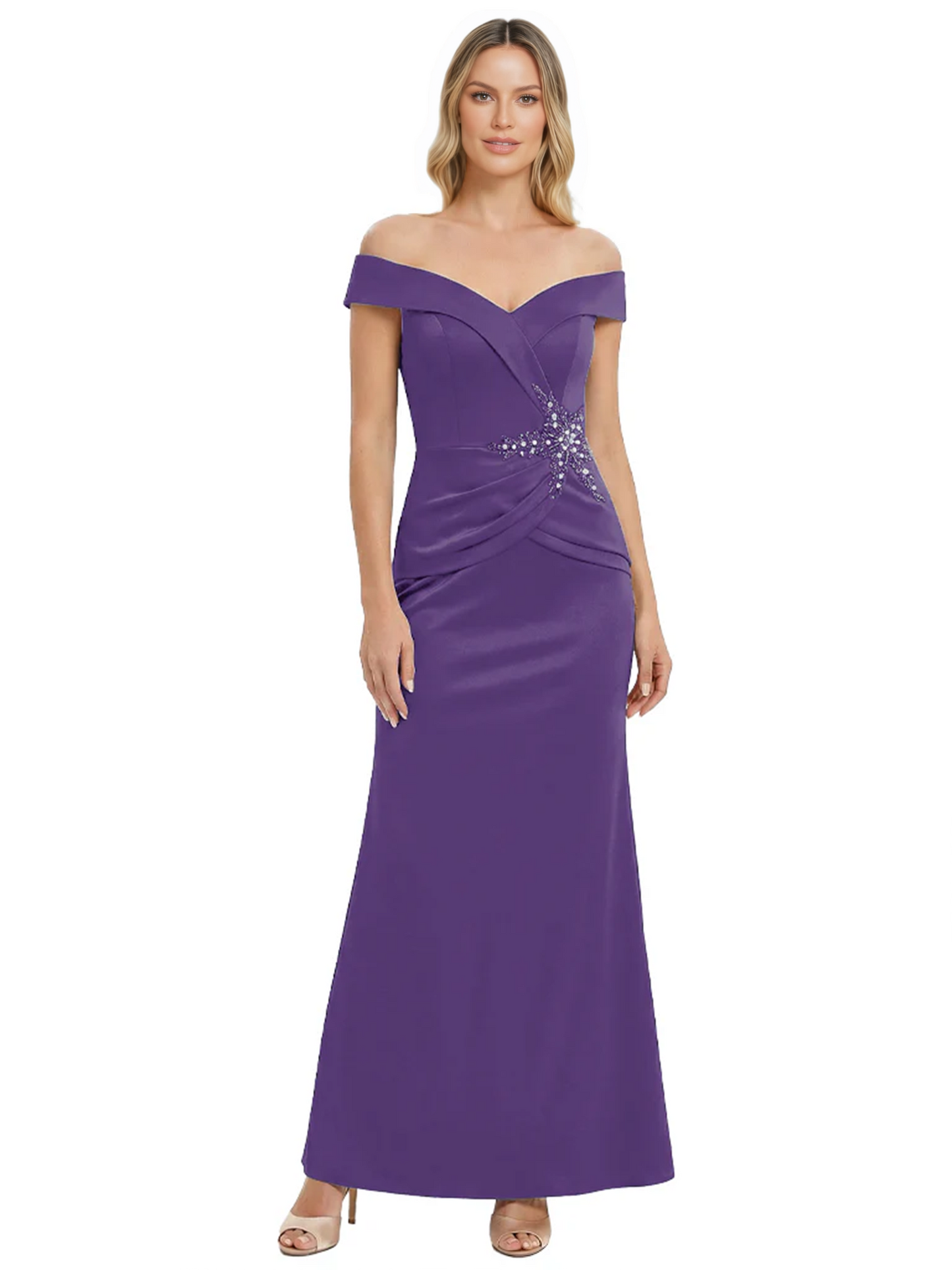 Off Shoulder Mother of the Bride Dress Beaded Waist Satin Gown Portrait Neckline