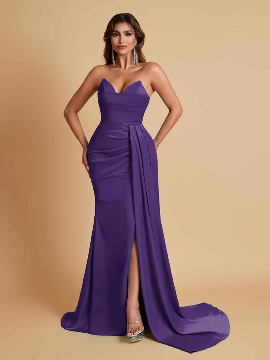 Gorgeous Strapless Soft Satin Side Slit Floor-Length Mermaid Bridesmaid Dresses