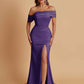 Elegant Soft Satin Mermaid Off Shoulder Asymmetrical Side Slit Floor-Length Bridesmaid Dresses