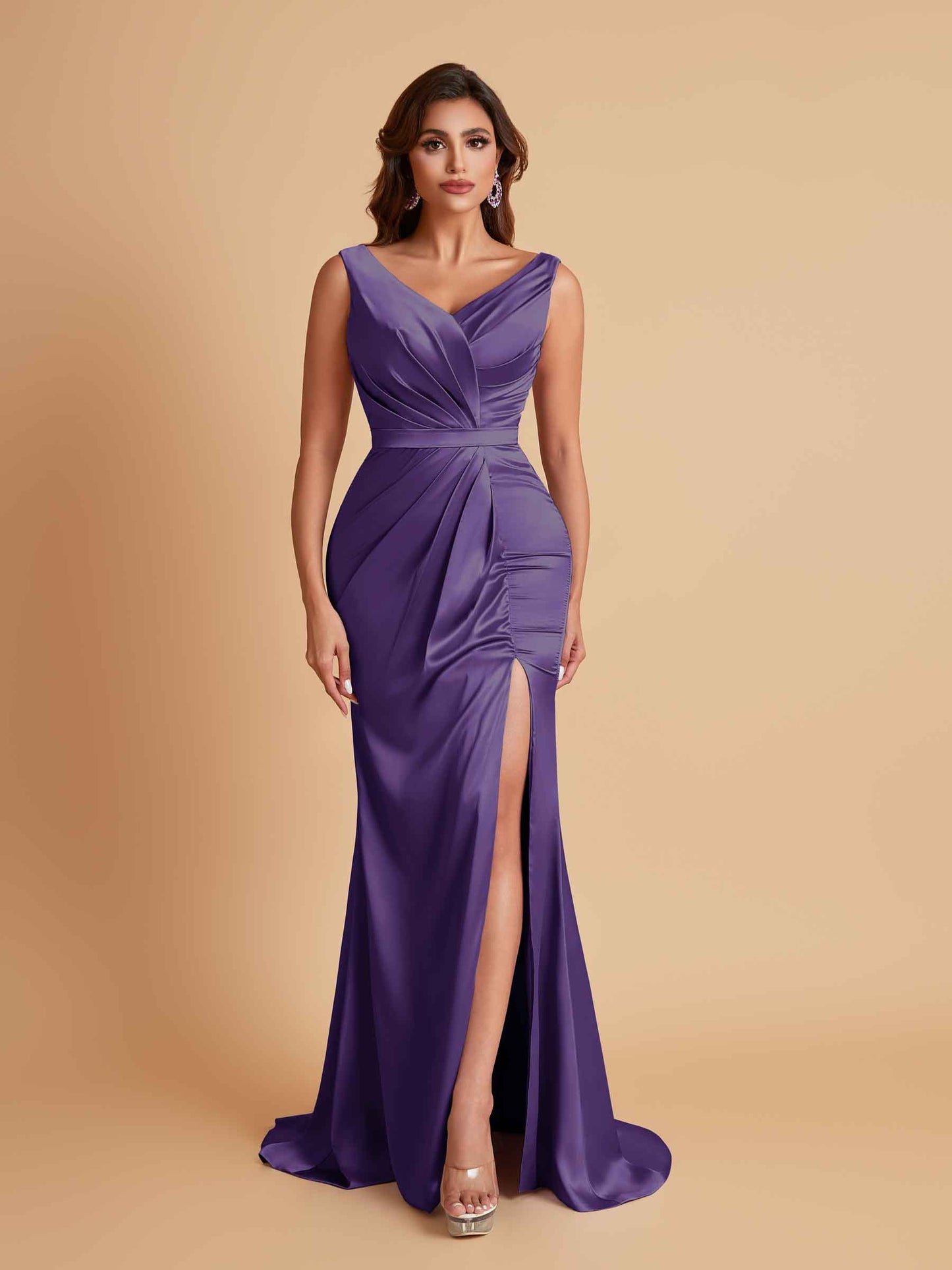 Elegant V Neck Soft Satin Side Slit Floor-Length Mermaid Bridesmaid Dresses
