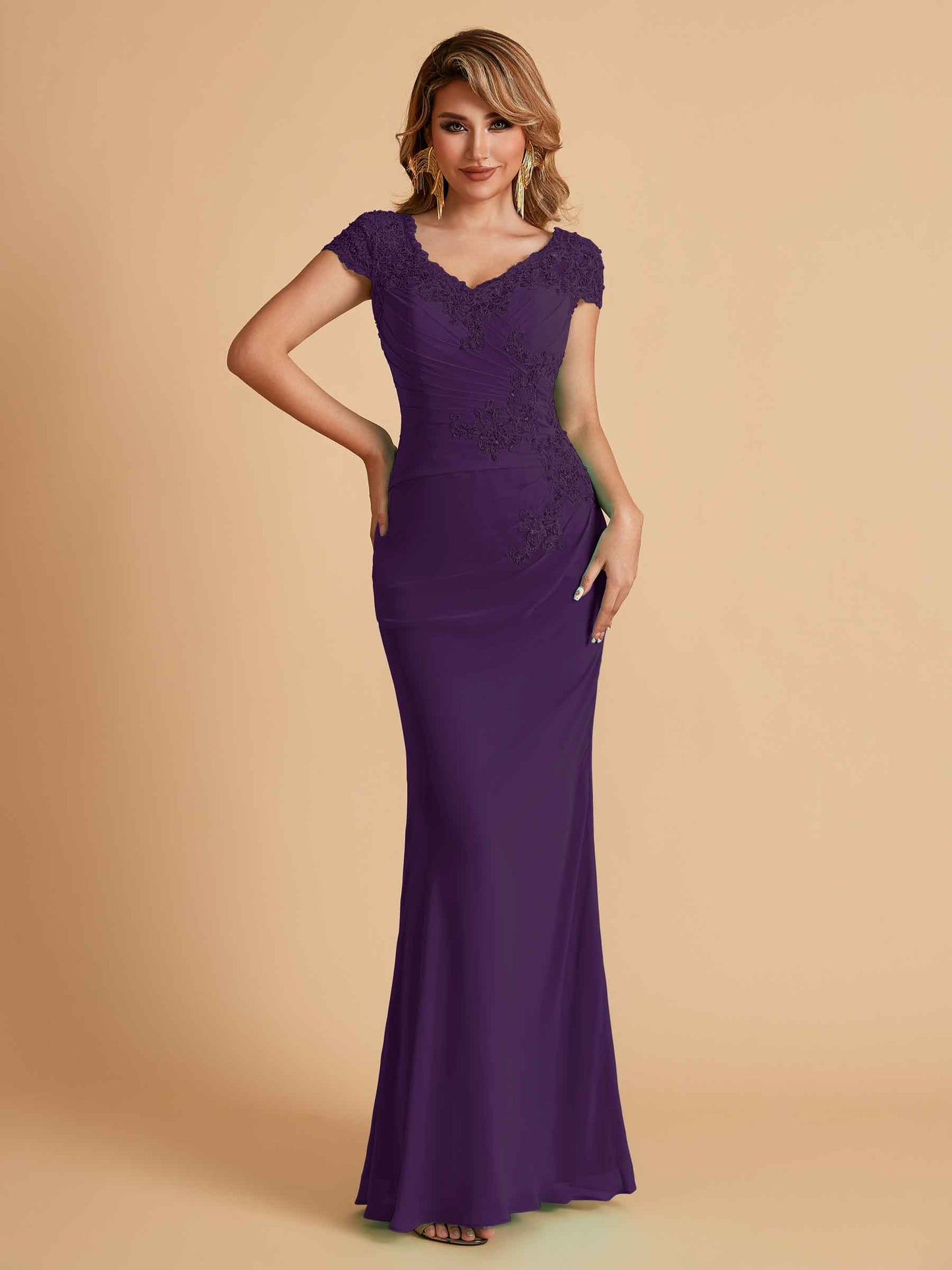 Elegant Mermaid Chiffon Cap Sleeves V-Neck Mother of the Brides Dresses Online