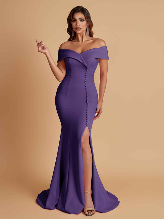 Elegant Soft Satin Mermaid Off Shoulder Side Slit Floor-Length Bridesmaid Dresses