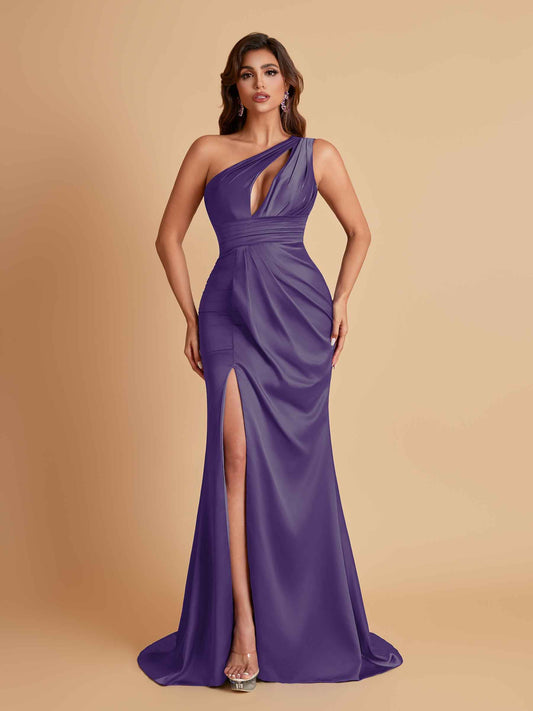 Sexy One Shoulder Soft Satin Side Slit Floor-Length Mermaid Bridesmaid Dresses