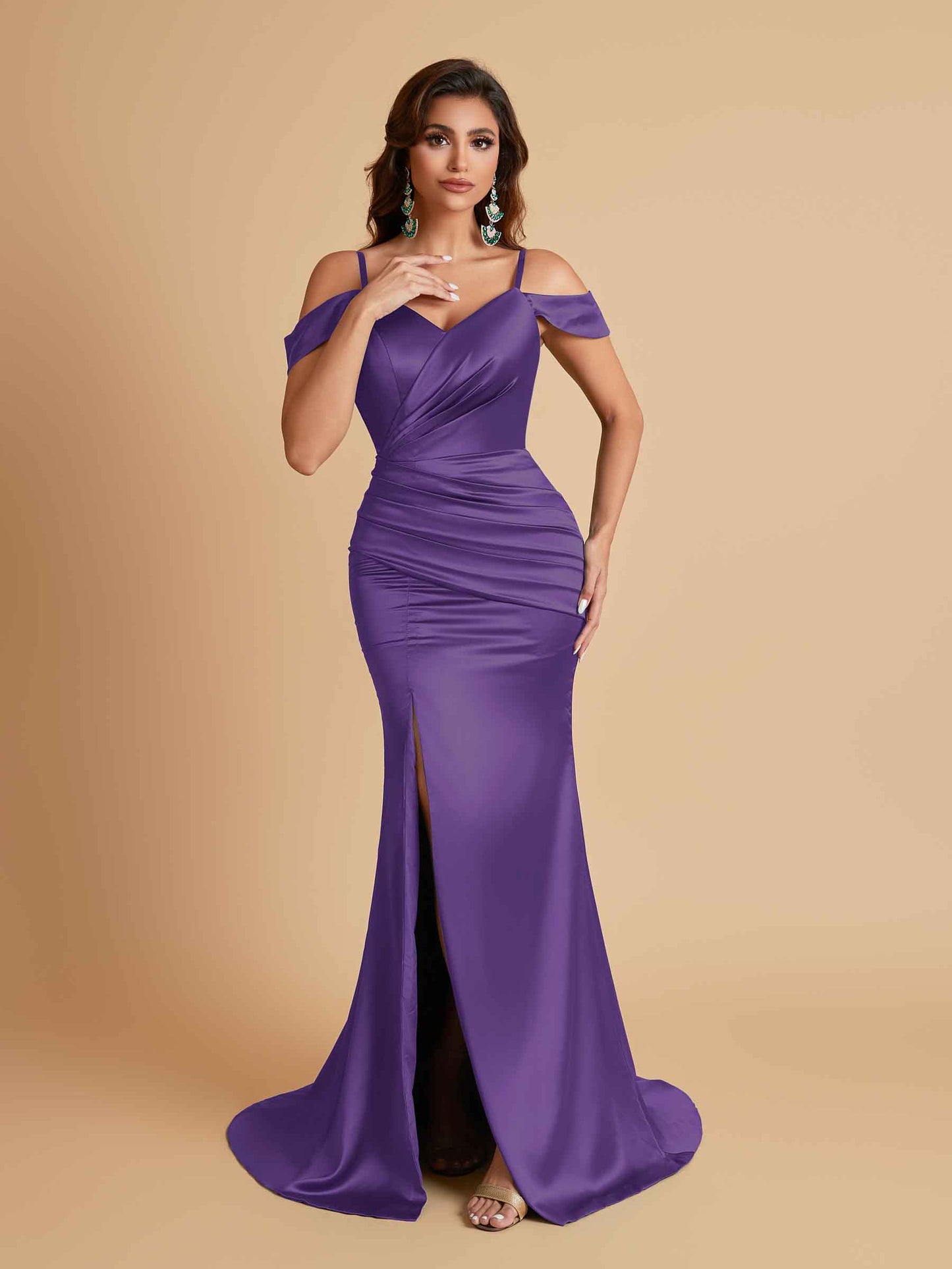 Sexy Soft Satin Mermaid Off Shoulder Side Slit Floor-Length Mermaid Bridesmaid Dresses