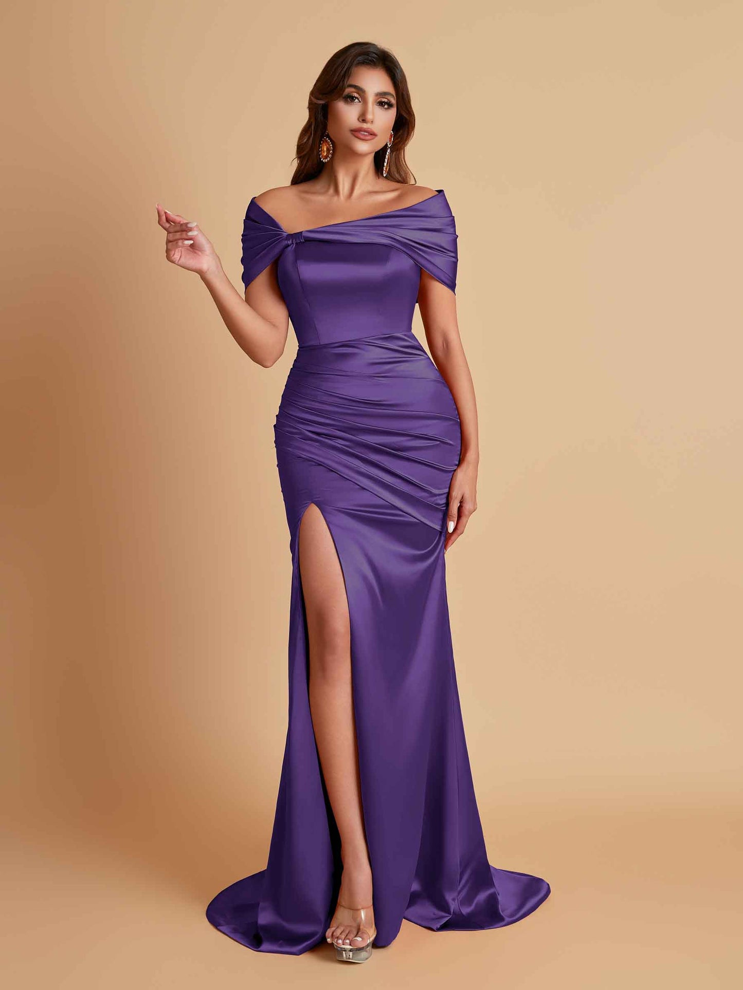 Elegant Soft Satin Off-the-shoulder Side-Slit Mermaid Bridesmaid Dresses