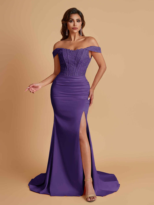 Elegant Soft Satin Mermaid Off Shoulder Side Slit Floor-Length Mermaid Bridesmaid Dresses