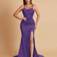 Sexy Spaghetti Straps V Neck Soft Satin Side Slit Floor-Length Mermaid Bridesmaid Dresses