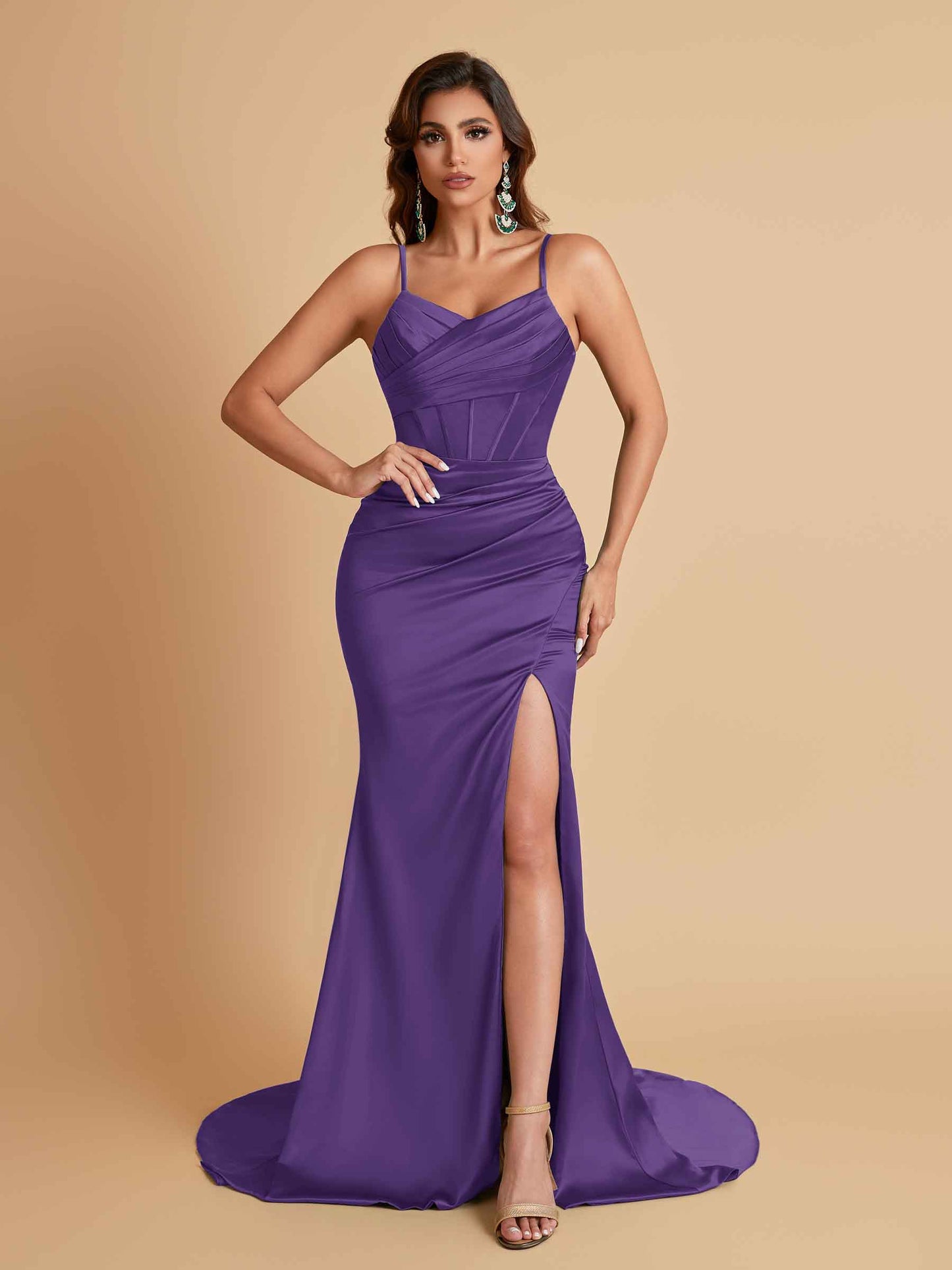 Sexy Spaghetti Straps V Neck Soft Satin Side Slit Floor-Length Mermaid Bridesmaid Dresses