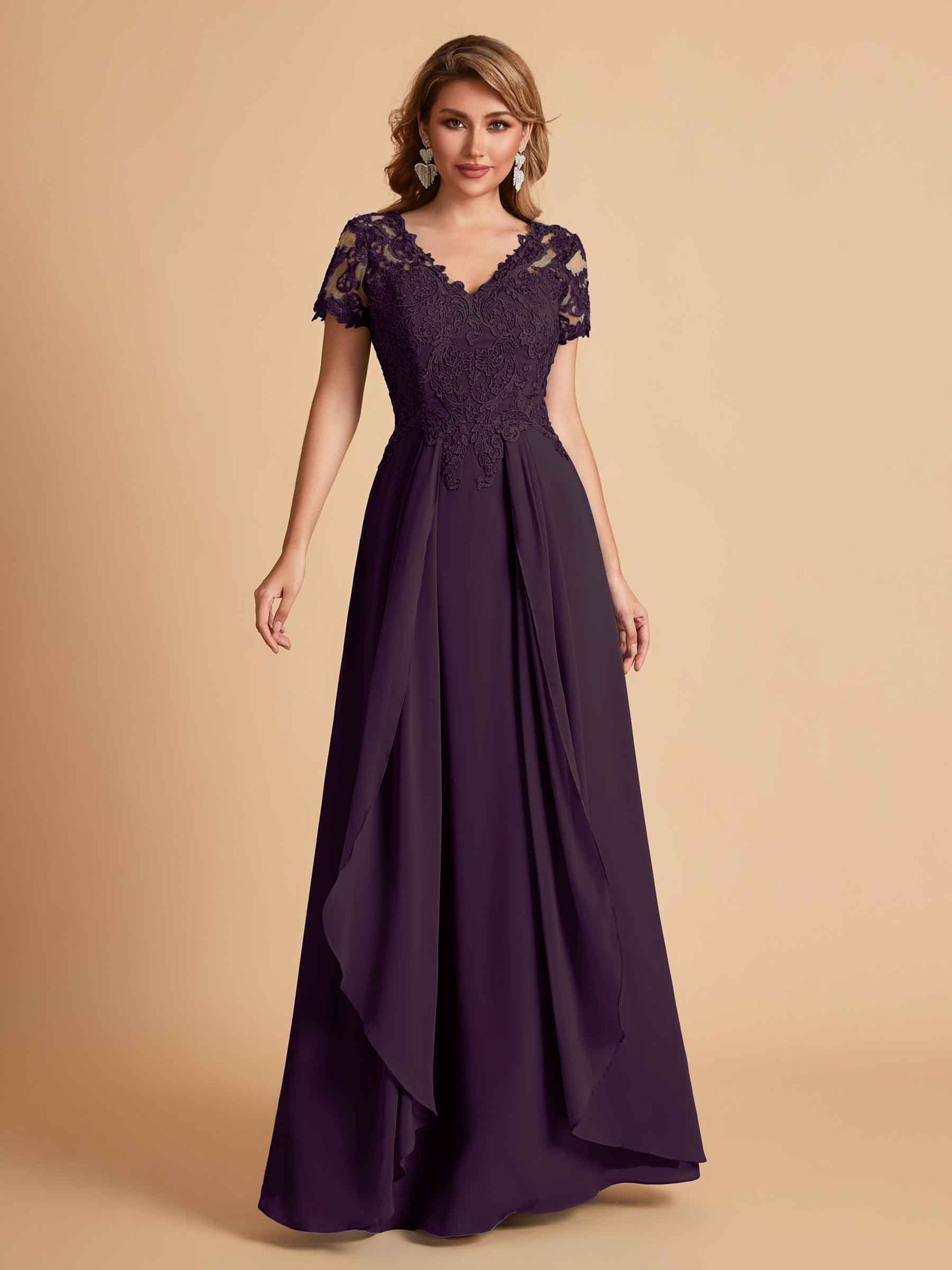 Elegant A-Line Chiffon Short Sleeves V-neck Mother of the Brides Dresses Lace Top MOB Dresses