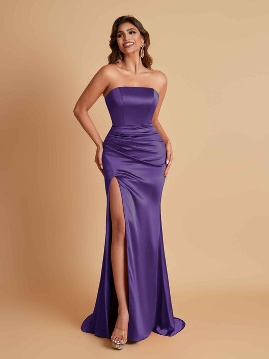 Elegant Soft Satin Strapless Split Side Mermaid Bridesmaid Dresses