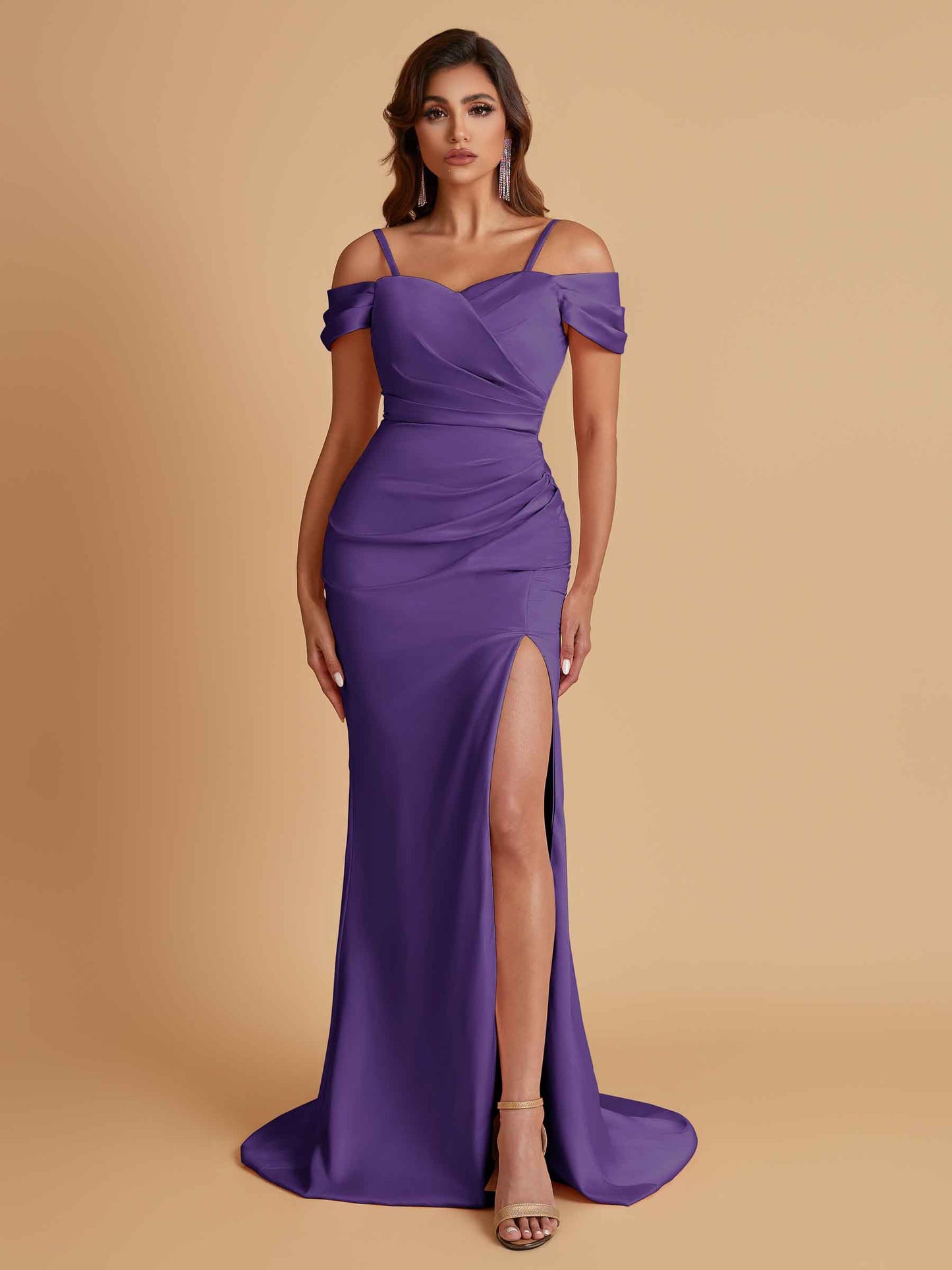 Sexy Soft Satin Mermaid Cold Shoulder Side Slit Floor-Length Bridesmaid Dresses Online