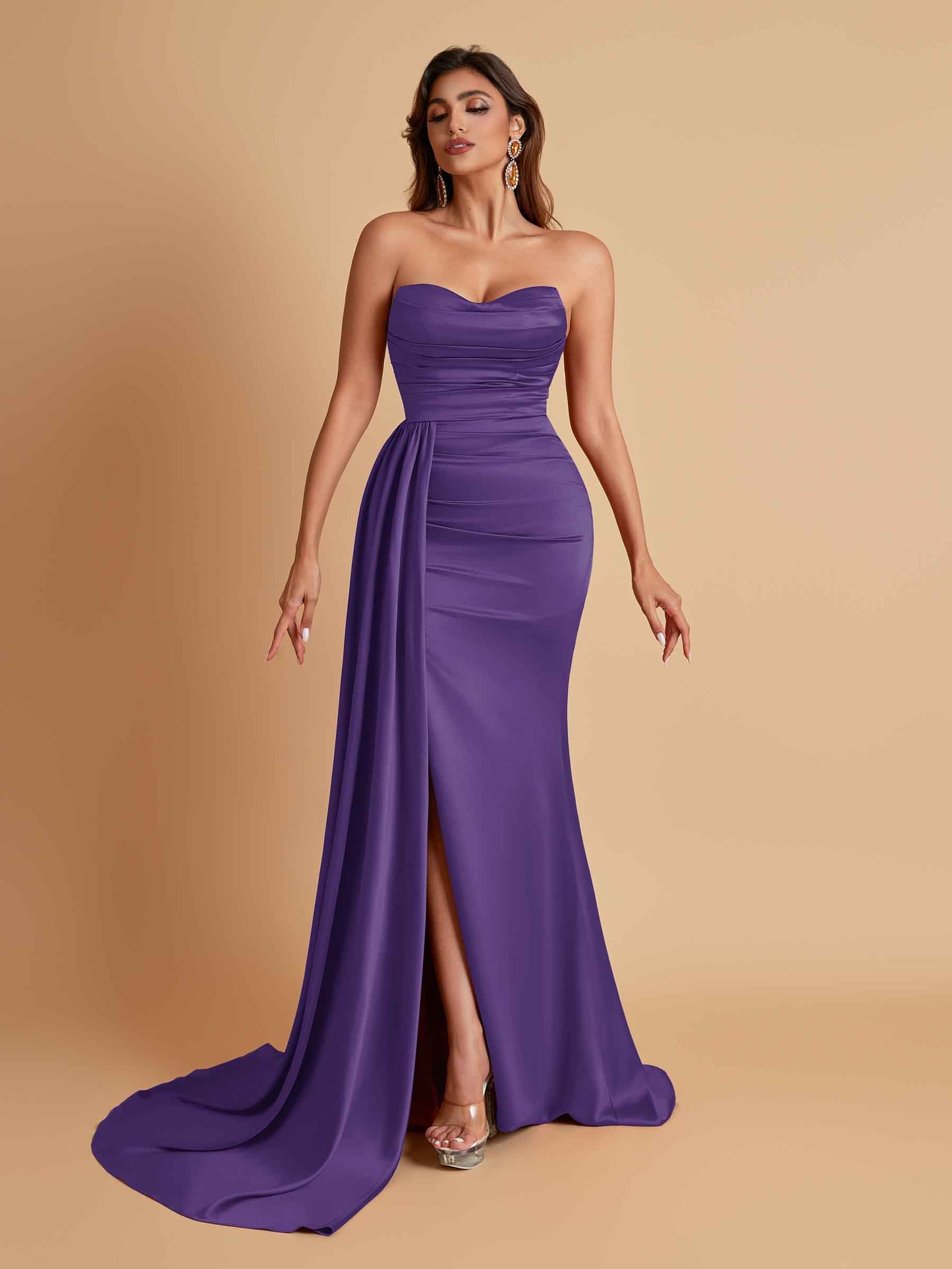 Elegant Soft Satin Sweetheart Strapless Side-Slit Mermaid Bridesmaid Dresses