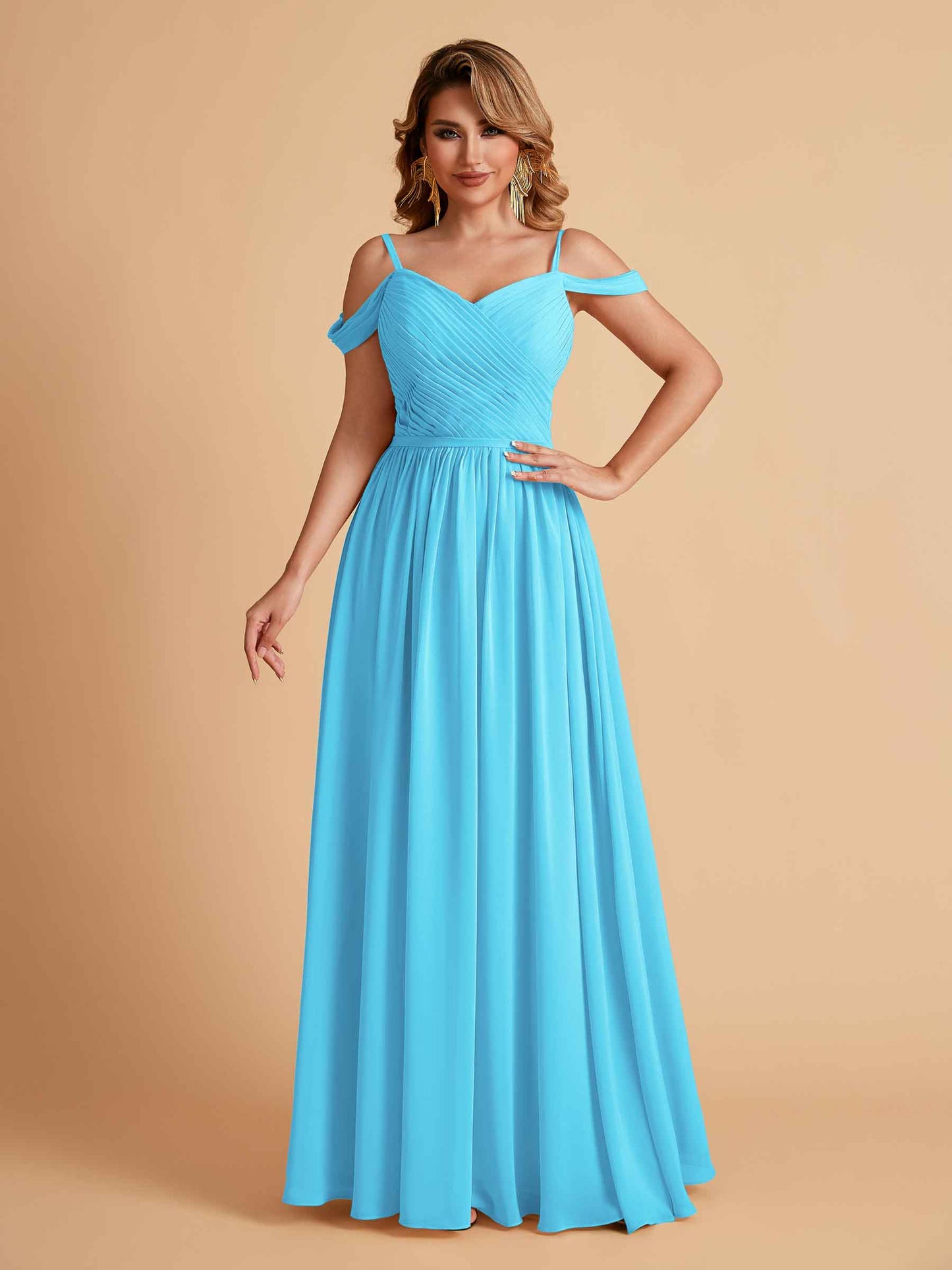Elegant A-line Chiffon Off The Shoulder V-Neck Bridesmaid Dresses Online