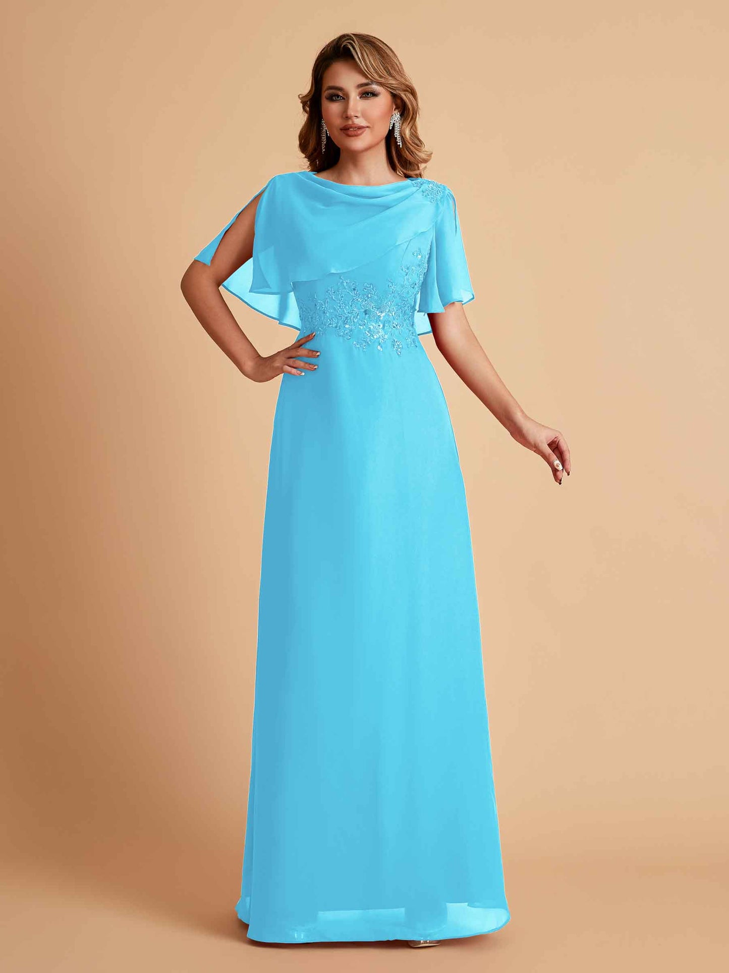 Elegant A-Line Chiffon Half Sleeves Jewel Mother of the Brides Dresses Online